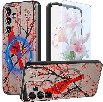 for Samsung Galaxy S24 FE Phone Case 6.7" with Screen Protector & Camera Cover Stand [Built-in Magnets] Kickstand Dual Layer Hybrid Shockproof Magnetic Case for Galaxy S24 FE,Red Cardinal Birds