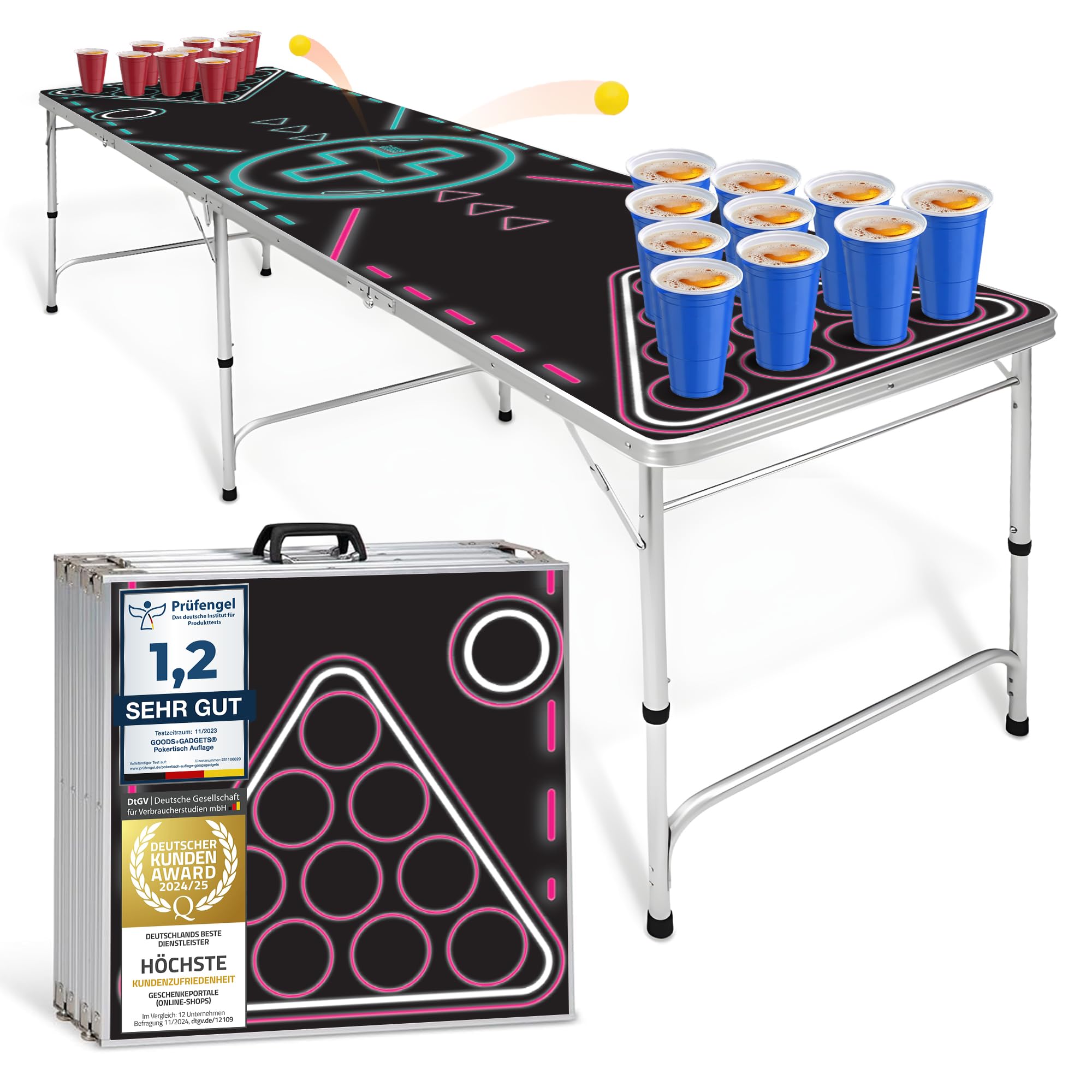 GOODS+GADGETS Mesa Plegable para Beer Pong - Mesa para Beer Pong con Altura Ajustable y Resistente a los arañazos Cualquier Fiesta (Neón)