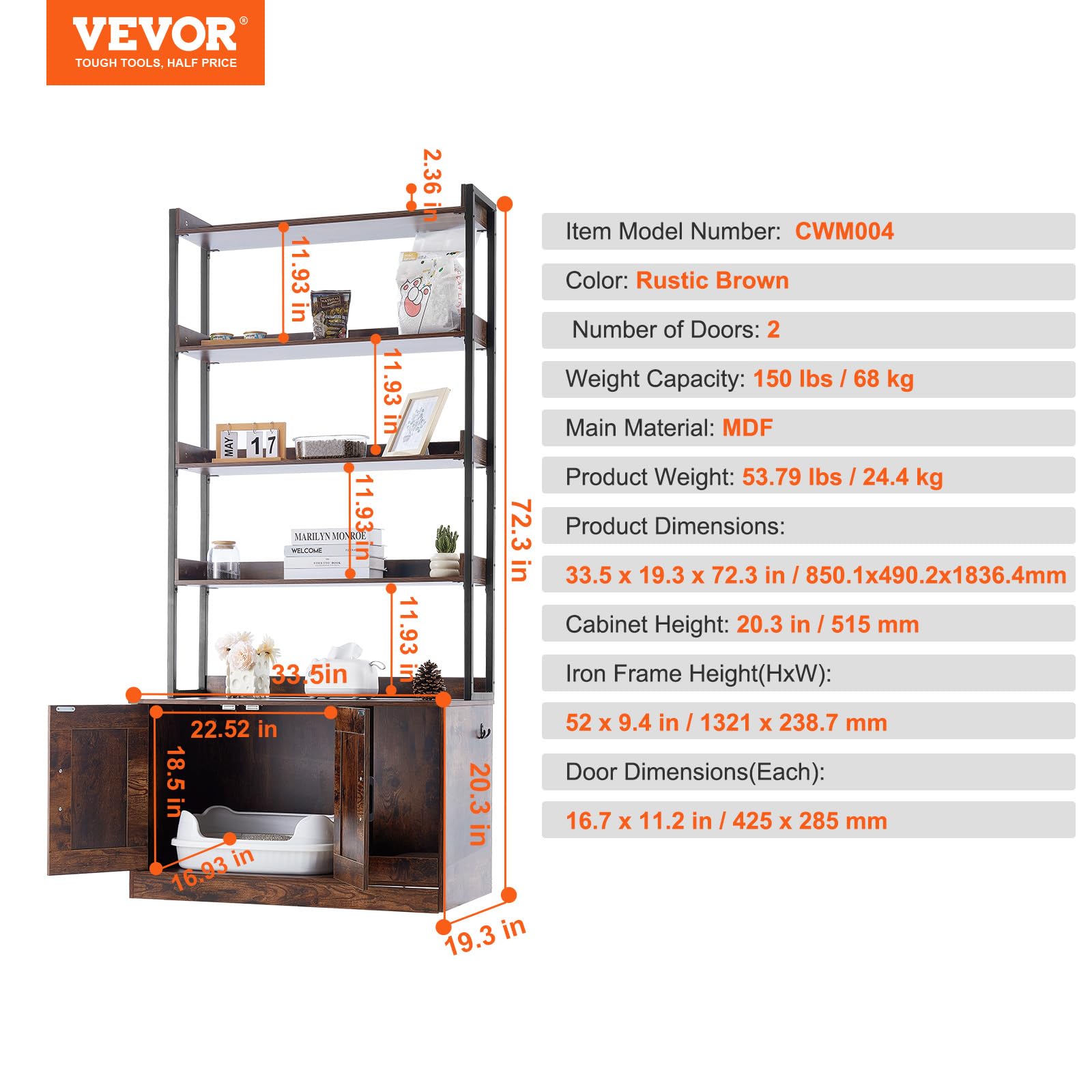 VEVOR Meuble Cache Bac à Litière pour Chat, 85x49x149 cm, Maison de Toilette pour Chat avec 4 Étagères de Rangement, Armoire en Bois pour Cacher la Plupart des Bacs à Litière pour Chats, Marron Foncé