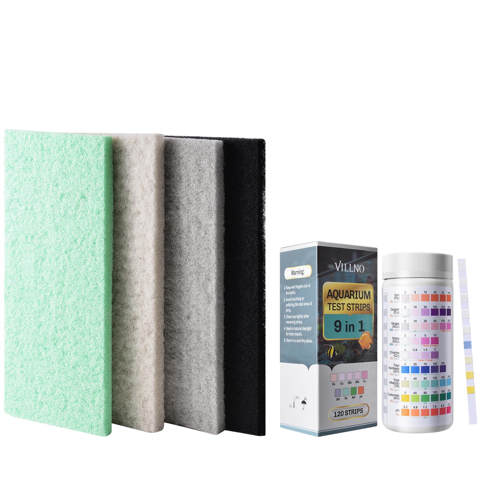 VILLNO Aquarium Test Strips, Quick & Accurate Water Testing, 4 Count Mixed Pack Filter Pads for Aquarium with Ammonia&Carbon&Phosphate Nitrite&Nitrate Reducer, Cut-Free Filter Media Pad for Fish Tanks