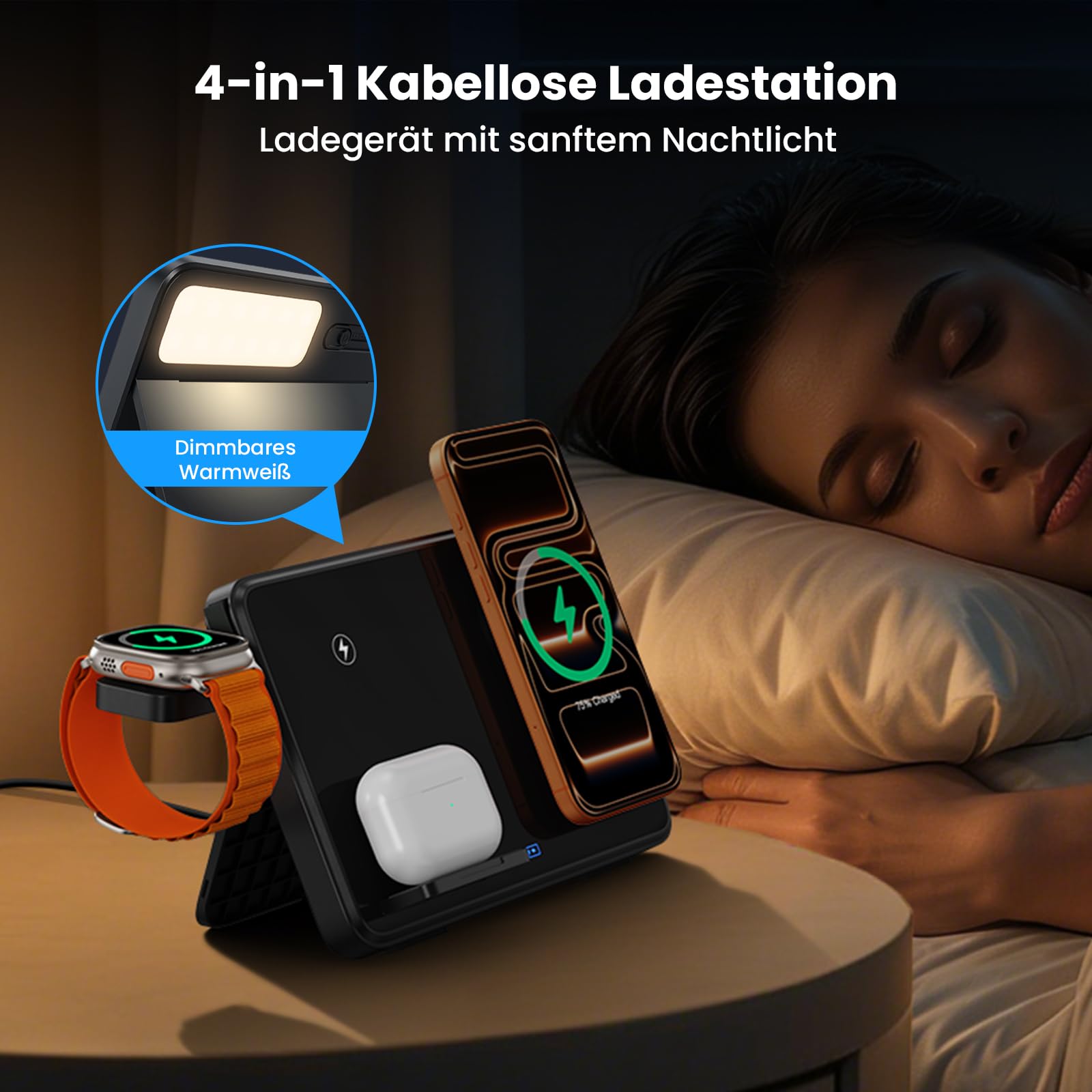 Dual Induktive Ladestation für iPhone & Samsung – Faltbarer 4-in-1 Wireless Charger mit Nachtlicht für Apple Watch & AirPods, reisefreundlich, inkl. PD 30W Adapter, Schnellladen kompatibel