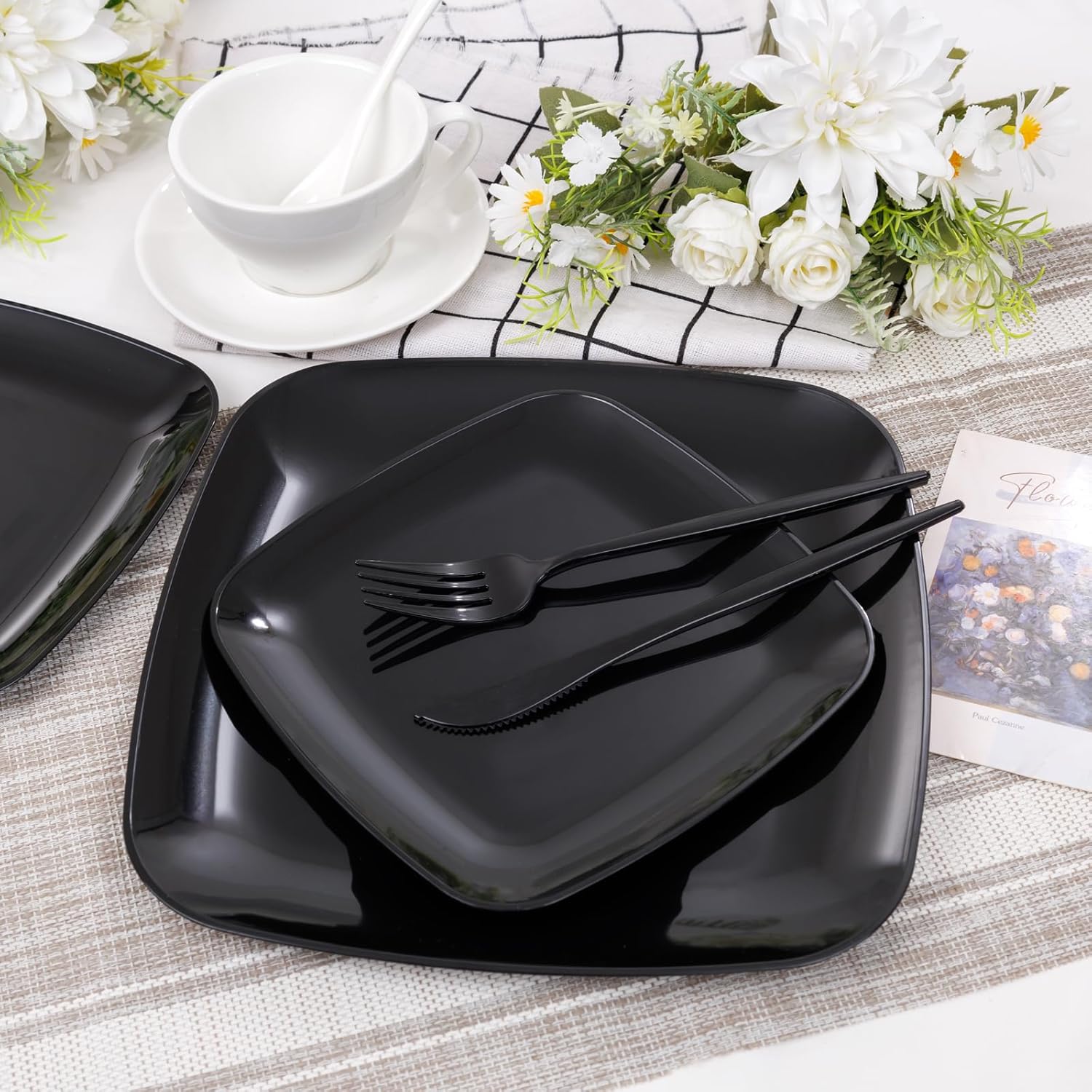 PULOTE 60PCS Black Square Plastic Plates Disposable - Include 30 Dinner and 30 Dessert Plates,Ideal for Party&Graduation