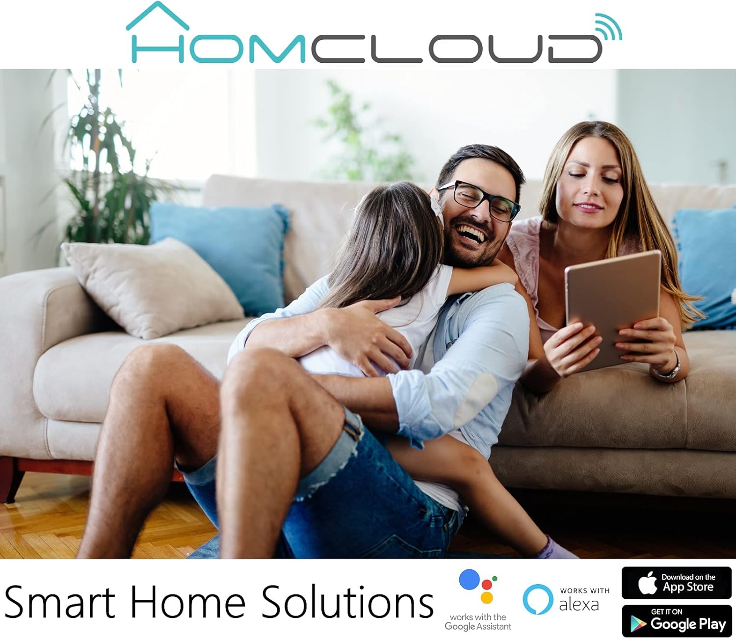 Family using smart home solutions with Homcloud, Alexa, and Google Assistant