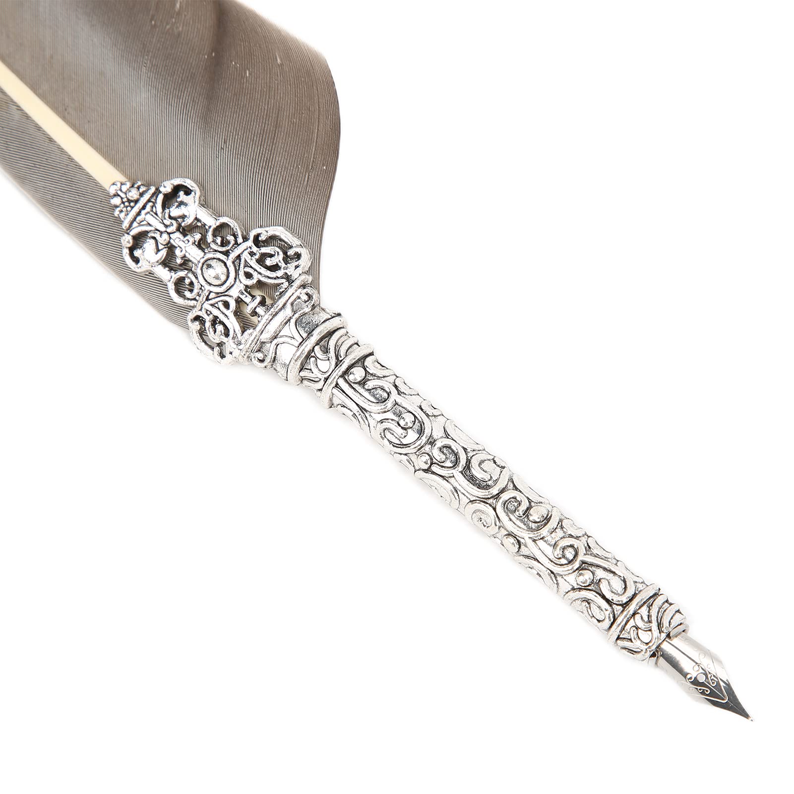 Ensemble de stylos de calligraphie avec plume en acier inoxydable et support en alliage sculpté rétro, et stylo plume en métal pour l'écriture, le dessin (SFDPS038031 Plume grise pointue)