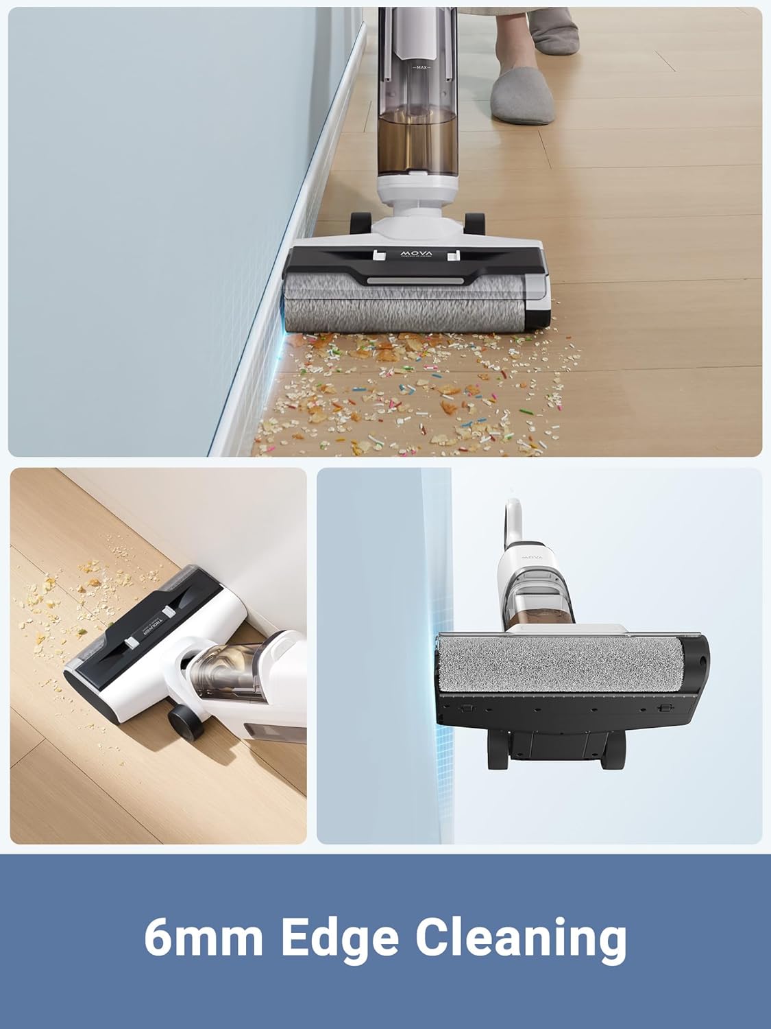 Close-up view of the Dreame Mova K10 Pro cleaning along a baseboard, demonstrating its 6mm edge cleaning capability.