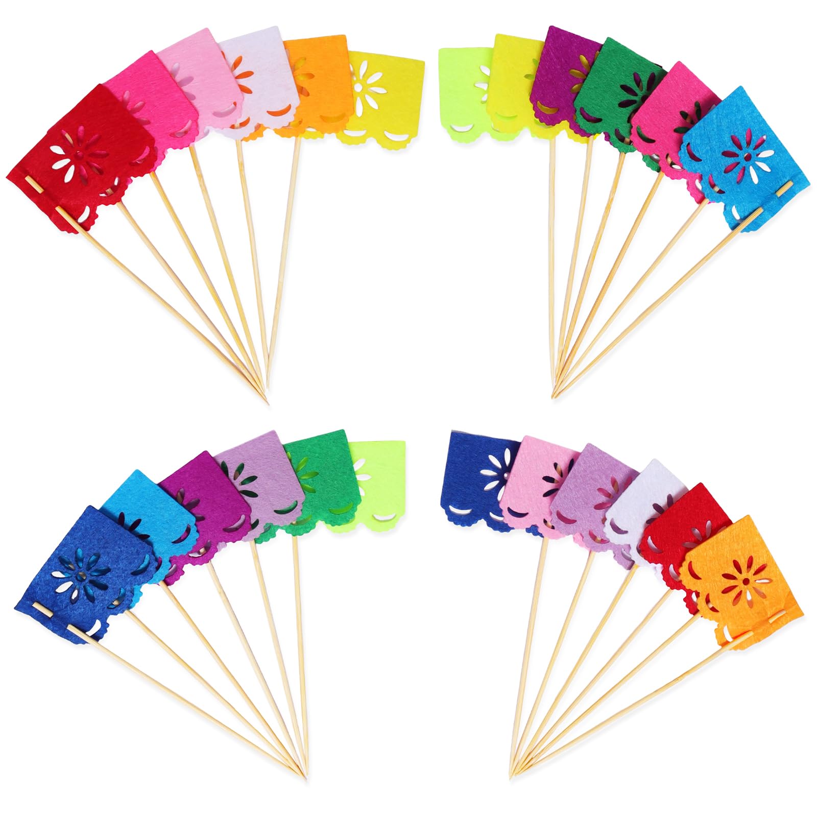 View 1 of 24 Pcs Multi-Colored Mini Mexican Paper Papel Picado Tissue Banner Flags Cupcake Toppers Mexican Fiesta Themed Party Decorations