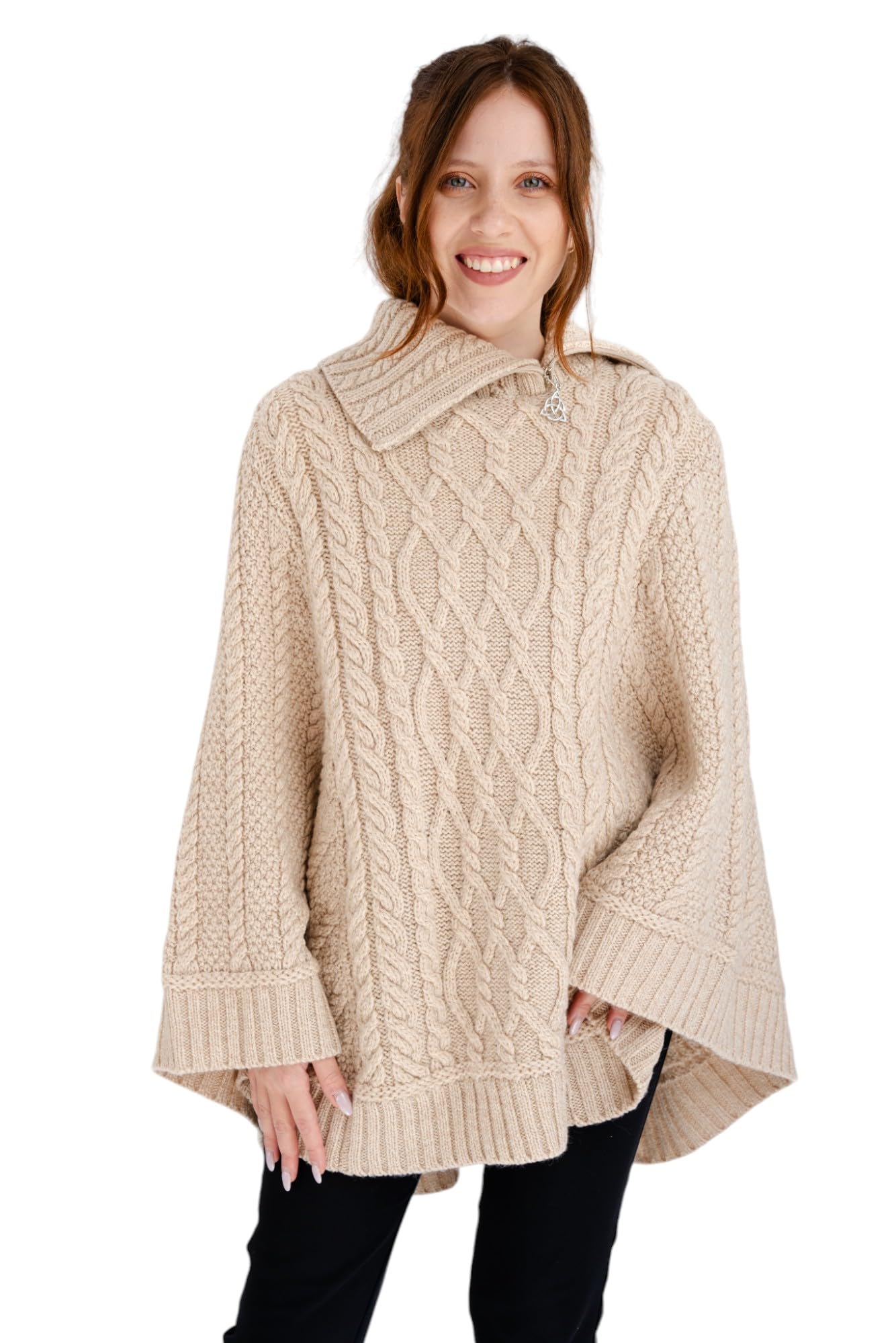 SAOL Ireland - Poncho 100 % de lana merino con cremallera y cuello redondo para mujer