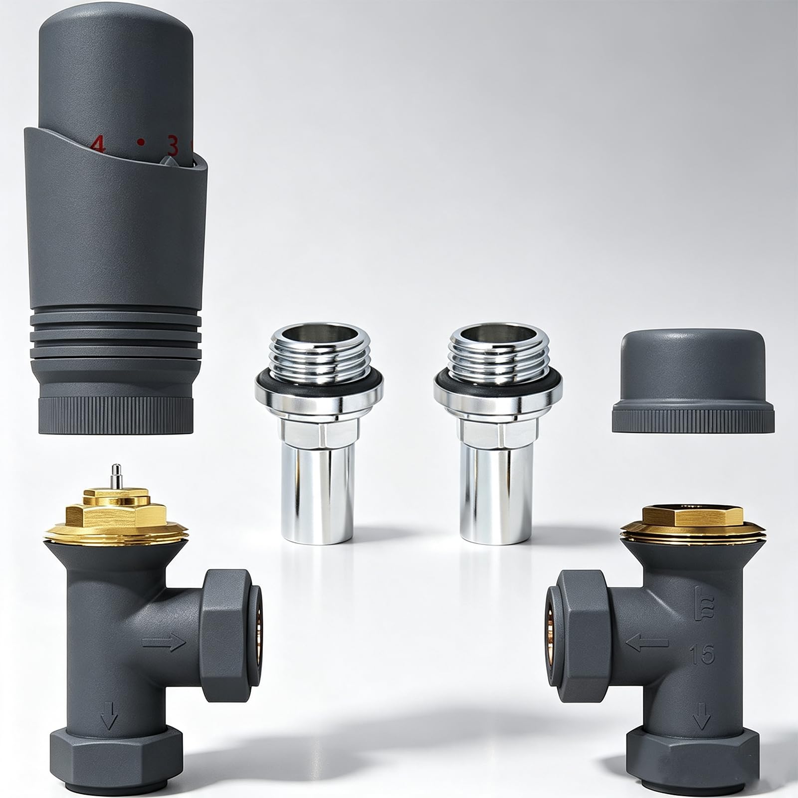 Valvole termostatiche per termosifone (TRV), strutturate, grigio antracite, valvola di blocco angolare, 15 mm, per radiatori per riscaldamento centralizzato, portasciugamani