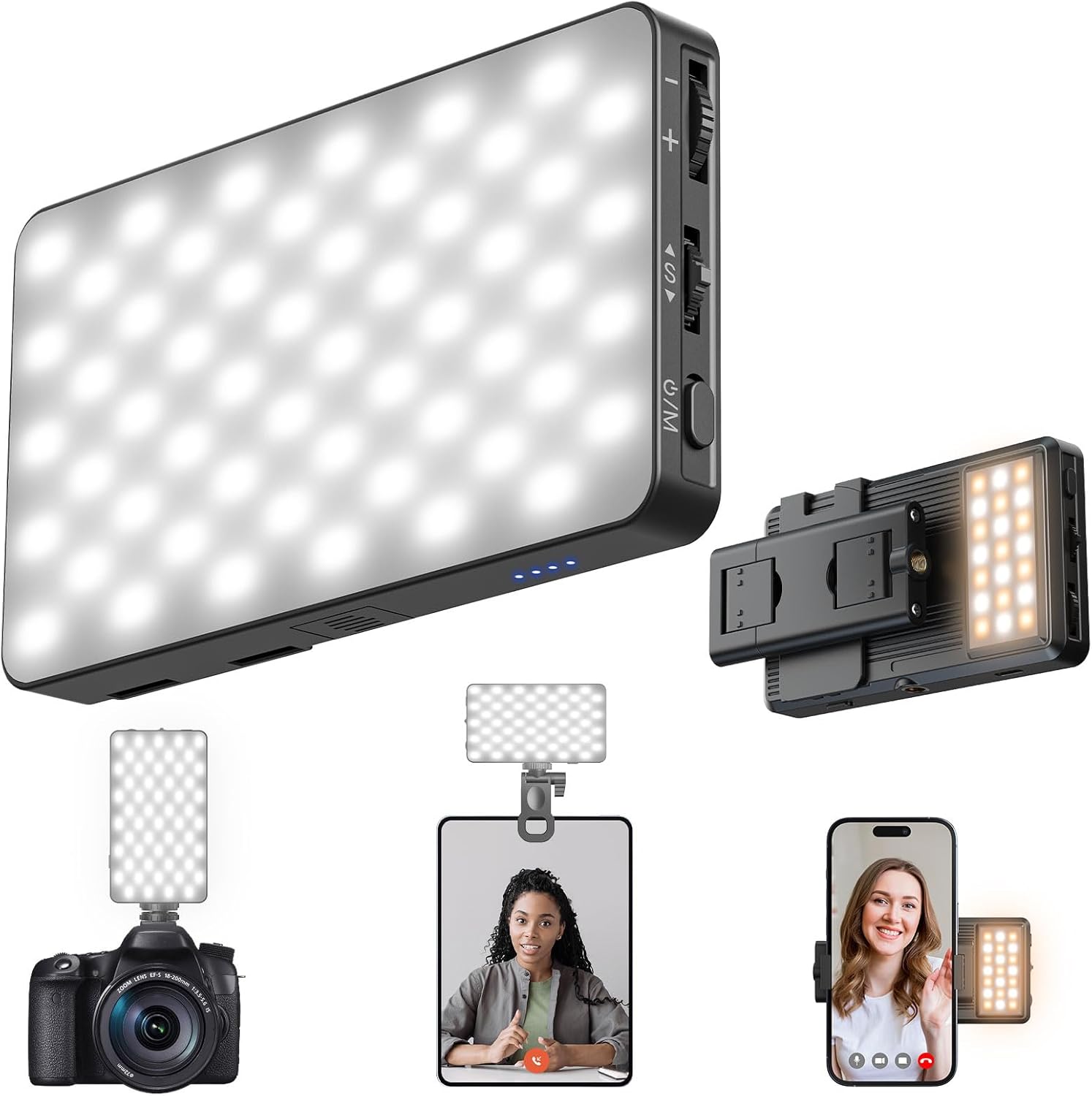 Conference Lighting Dual-Sided, Stepless Dial Adjustment, 3000mAh Rechargeable, Portable Clip-on Design for Phone, LED Light for Zoom Meeting, Live Streaming, Remote Work & Recording