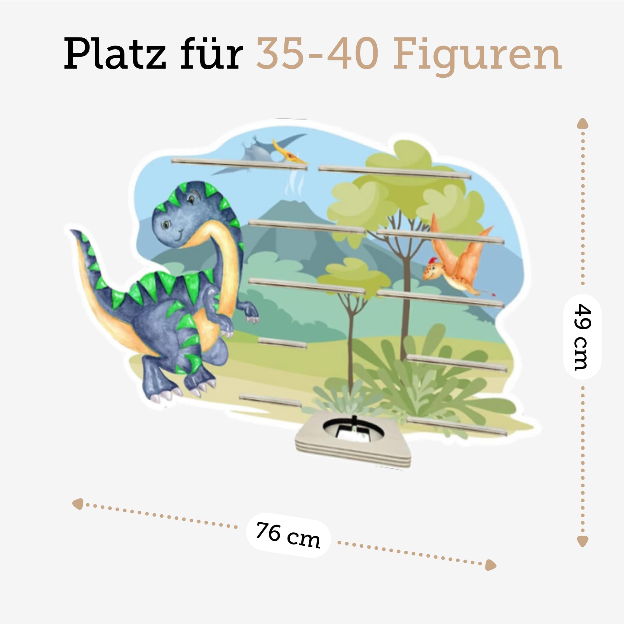 Farbklecks-Collection Musikboxregal Dinoabenteuer, Wandregal für bis zu 40 Hörfiguren, Maße 49 x 76 x 6 cm, mit speziellem Ablagefach kompatibel mit Toniebox, handgefertigt in Deutschland