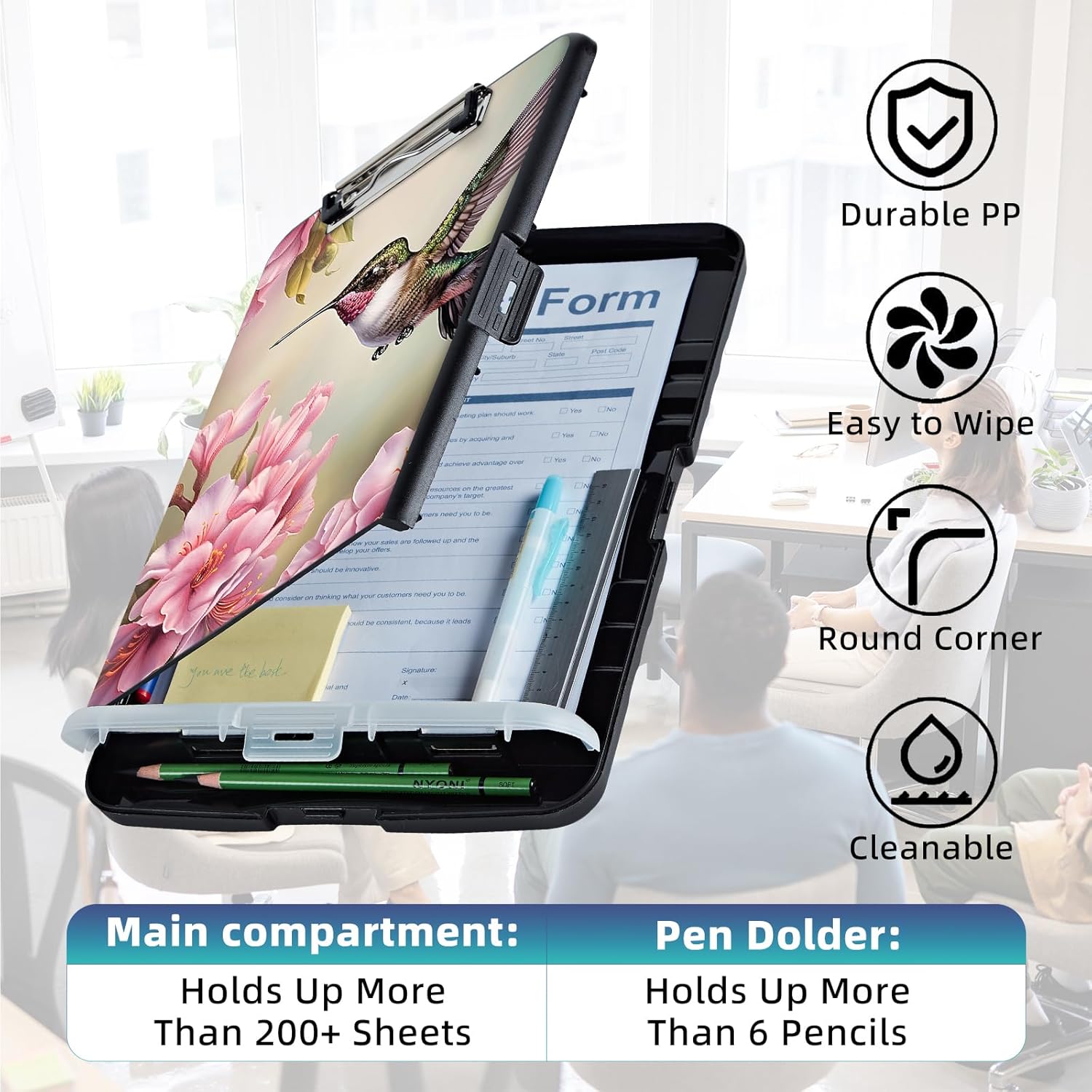 Clipboard with Storage, High Capacity Clip Boards with Pen Holder, Plastic Nursing Clipboard with Low Profile Clip for Teachers, Offices Workers, Office School Necessities, Hummingbird