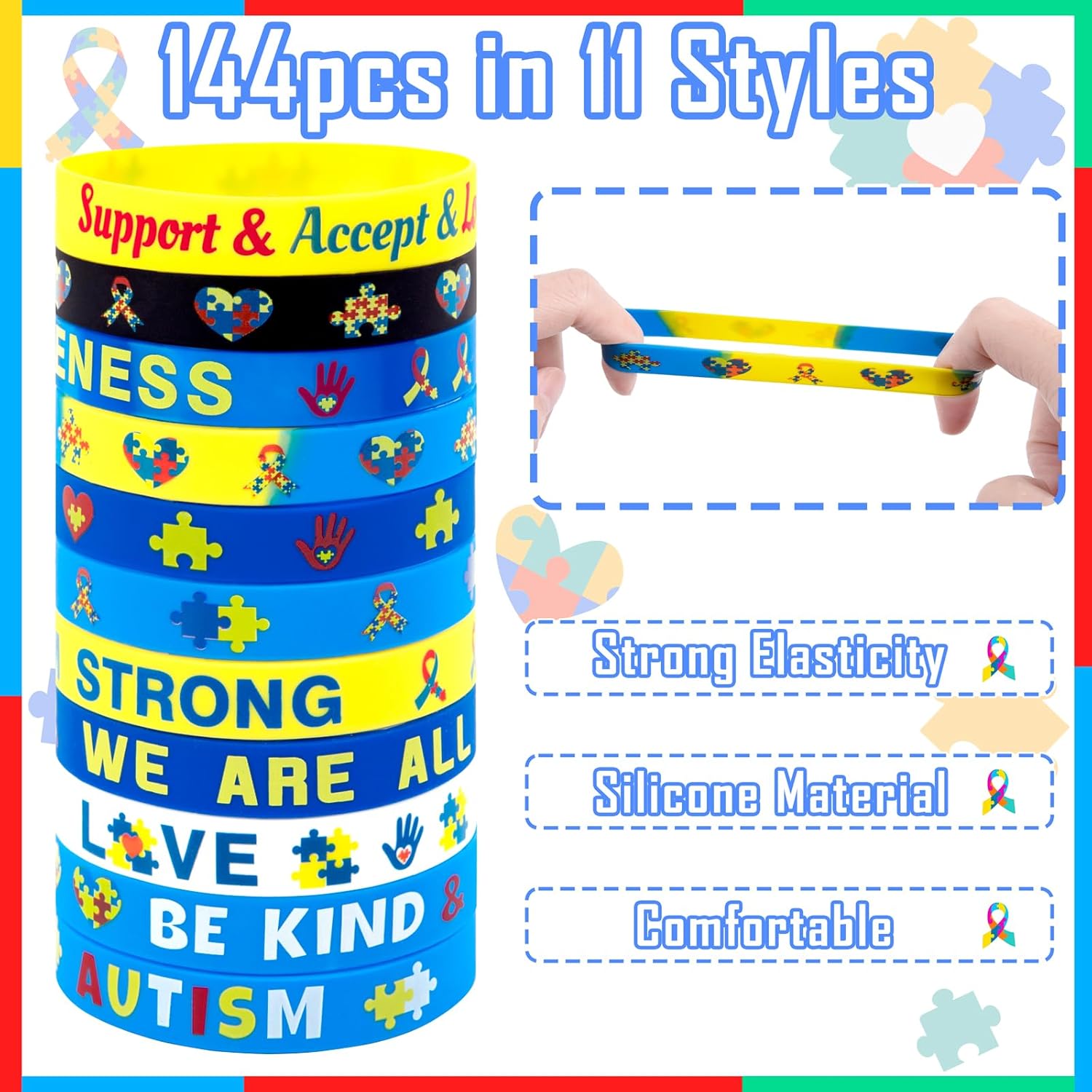 Moon Boat 144PCS Autism Awareness Silicone Bracelets Bulk Colorful Puzzle Wristbands for Schools Fundraisers Community Events Team Support Gifts - Image 4