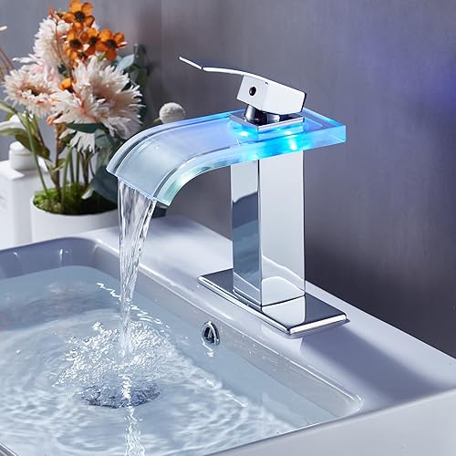 Miniatura 7 de Grifo de baño con cascada LED, 1 agujero, 3 colores cambiantes, boquilla de vidrio de cascada de una sola manija con drenaje desplegable cromado,