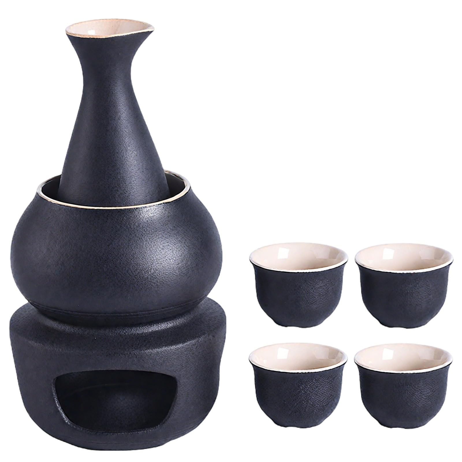 Lot de 4 tasses à saké en céramique traditionnelle chinoise avec pot chaud, poterie noire, chauffe-pied inclus, bougies chauffées, tasses de 4,1 cm de haut