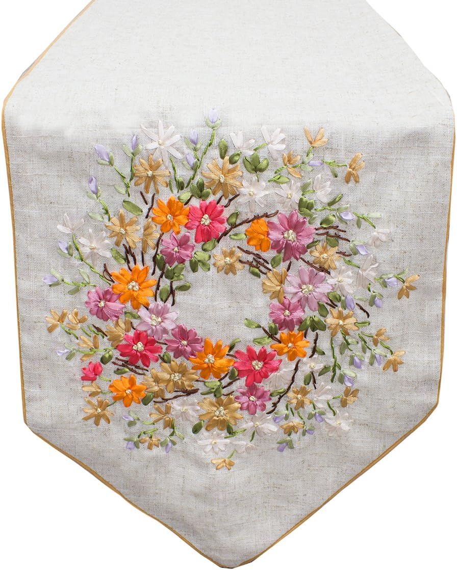 Fennco Styles Handmade Ribbon Embroider Wildflower Decorative Cotton Blend Table Runner 13 x 72 Inch