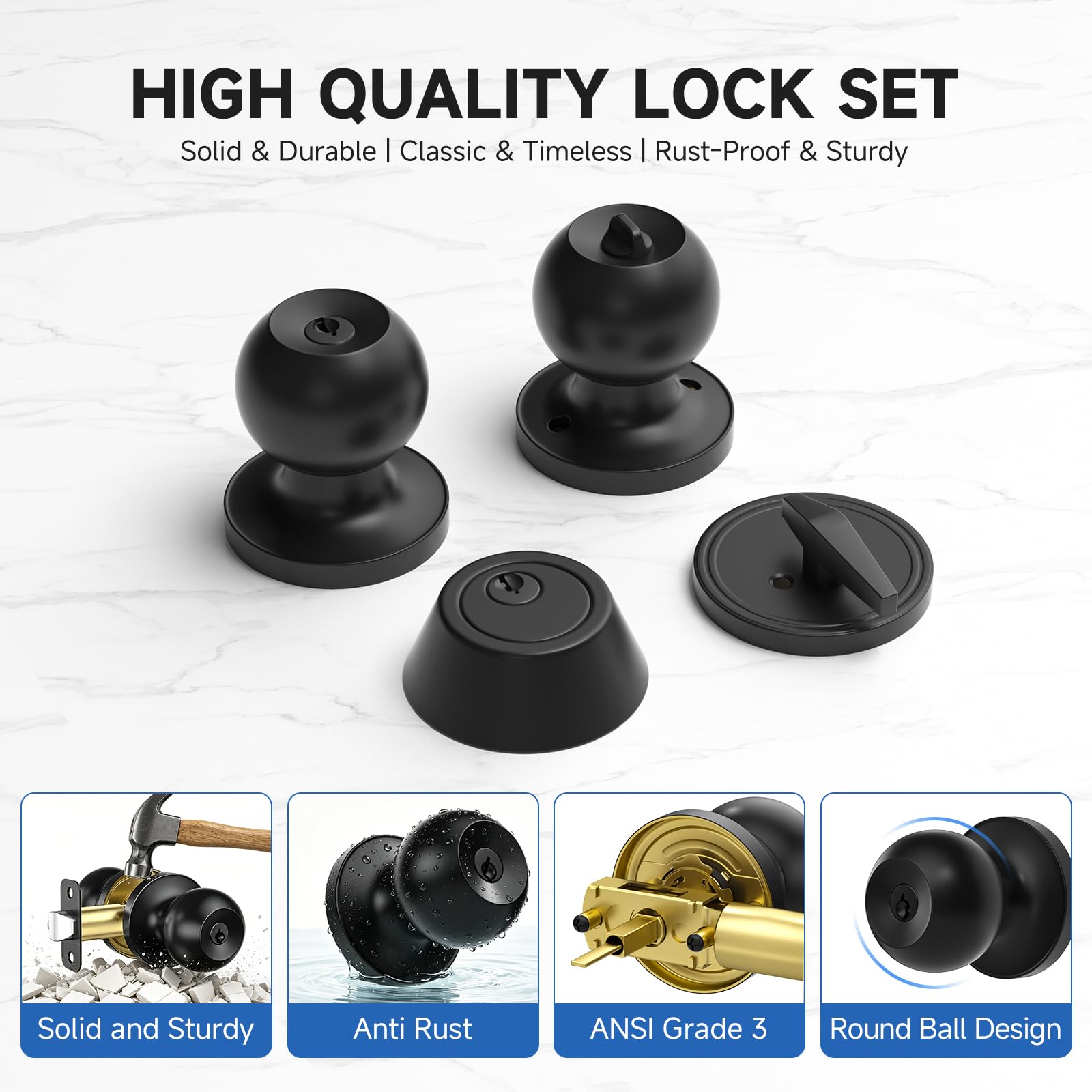 Estmoon 3-Pack Keyed Alike Door Locks - Matte Black -4