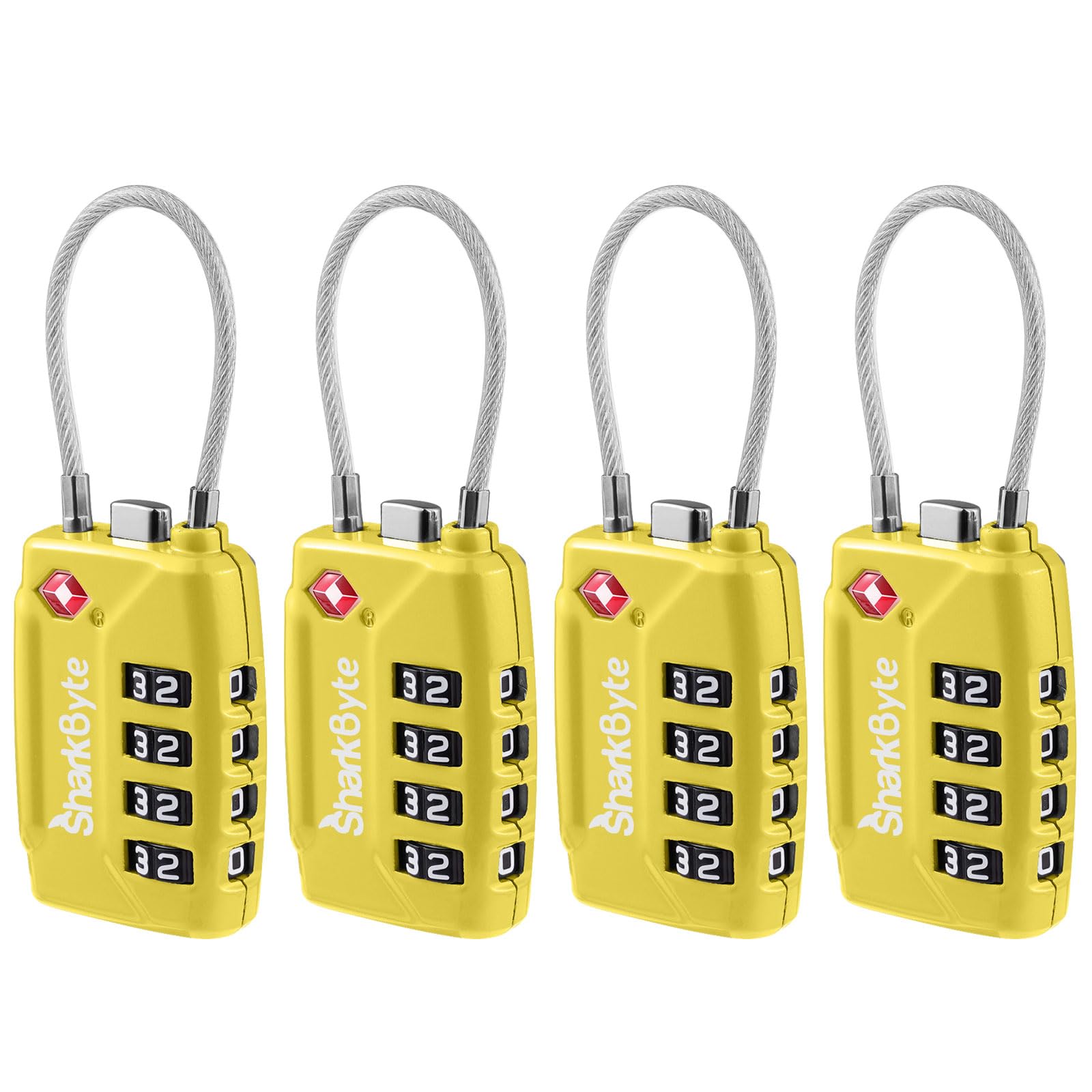 Sharkbyte Yellow Tsa Approved Suitcase Locks - 4-Dial Security Travel Combination Padlock, Flexible Cable Wire Travel Lock For Suitcases, Luggage Locks, Case Travel Bag Gym Locker Code Small Padlock (4 Pack)