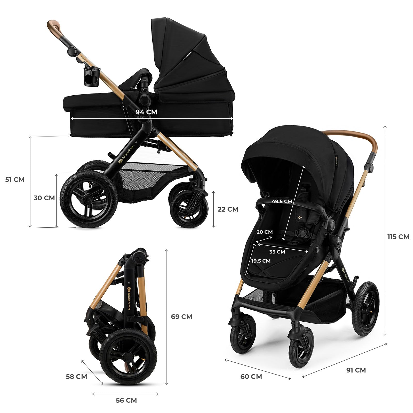Kinderkraft MOOV XL 3 en 1, Poussette jusqu'à 27 kg, Landau, Avec siège I-SIZE 40-75 cm, Pliable, Absorption des chocs, Convertible, Nacelle XL, Avec accessoires, Noir