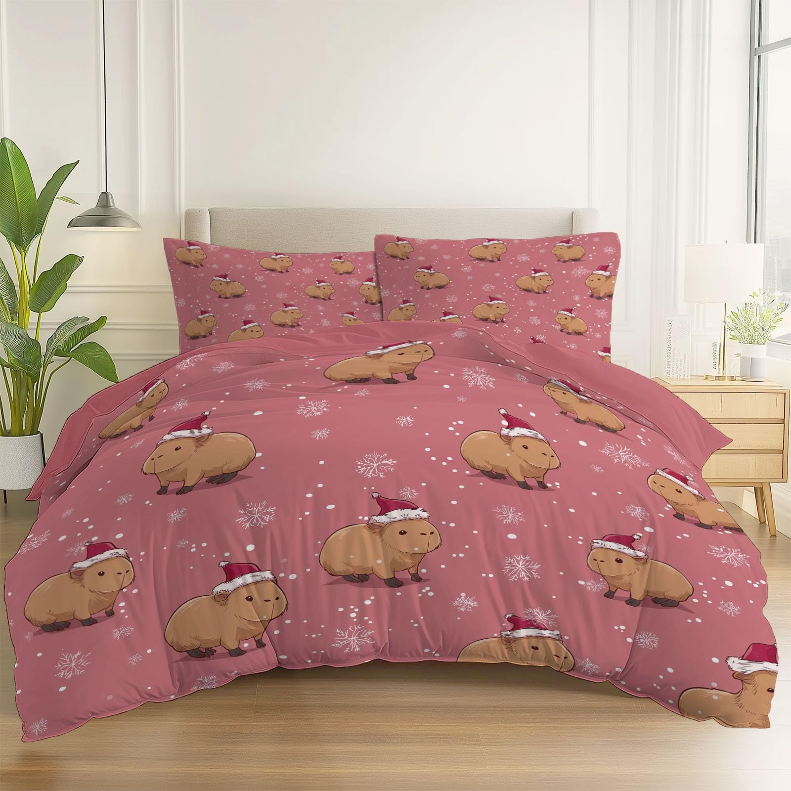 Poszwa na kołdrę 240 x 260 cm z 2 poszewkami na poduszki - Kapibara Kreskówka Czapka Świętego Mikołaja - Miękka i wygodna poszwa na kołdrę z mikrofibry z zamkami błyskawicznymi, różowa