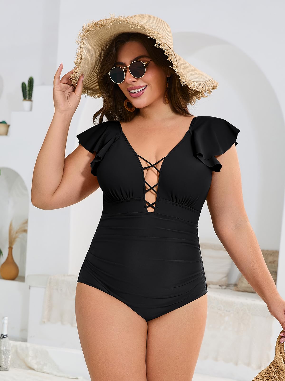 SHEKINI Volants Maillot de Bain Grande Taille Gainant Col en V Maillot de Bain Grande Taille Femme 1 Piece