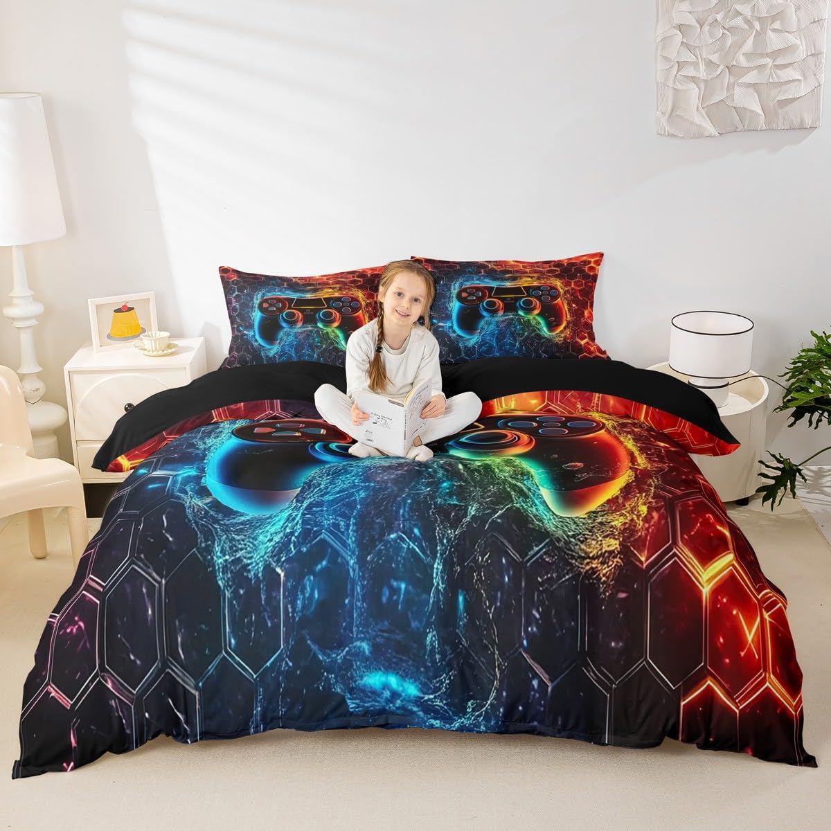 Gamer Duvet Cover Set Full Size,Modern Gaming Game Console Reversible Quilt Cover with 2 Pillowcases,Neon Honeycomb Hexagon Breathable Bedding Set (NO Comforter), Soft image 4