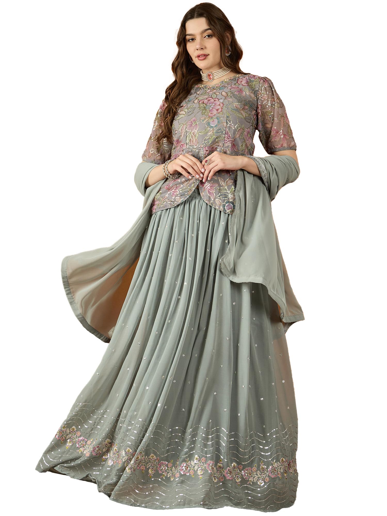 miss ethnik Women's Grey Faux Georgette Stitched Top With Stitched Faux Georgette Bottom and Faux Georgette Dupatta Half Sleeve Embroidered Flared Lehenga (MER-1172)-picture-32