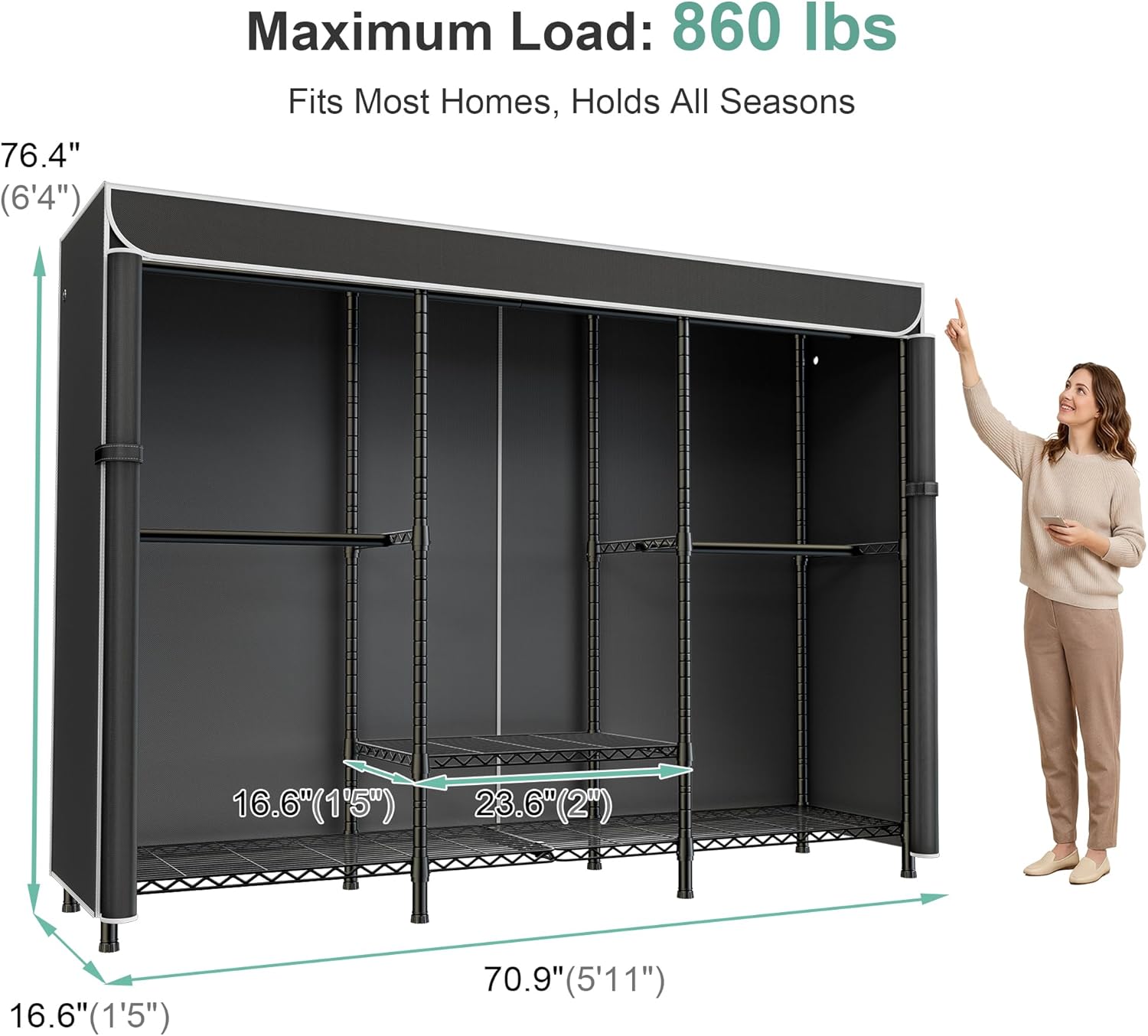 SEMHOR K01C Heavy Duty Clothes Rack with Cover, Freestanding Portable Closet System with Shelves, Adjustable Carbon Steel Garment Rack, Black Clothing Racks for Hanging Clothes, 860LBS Max Load