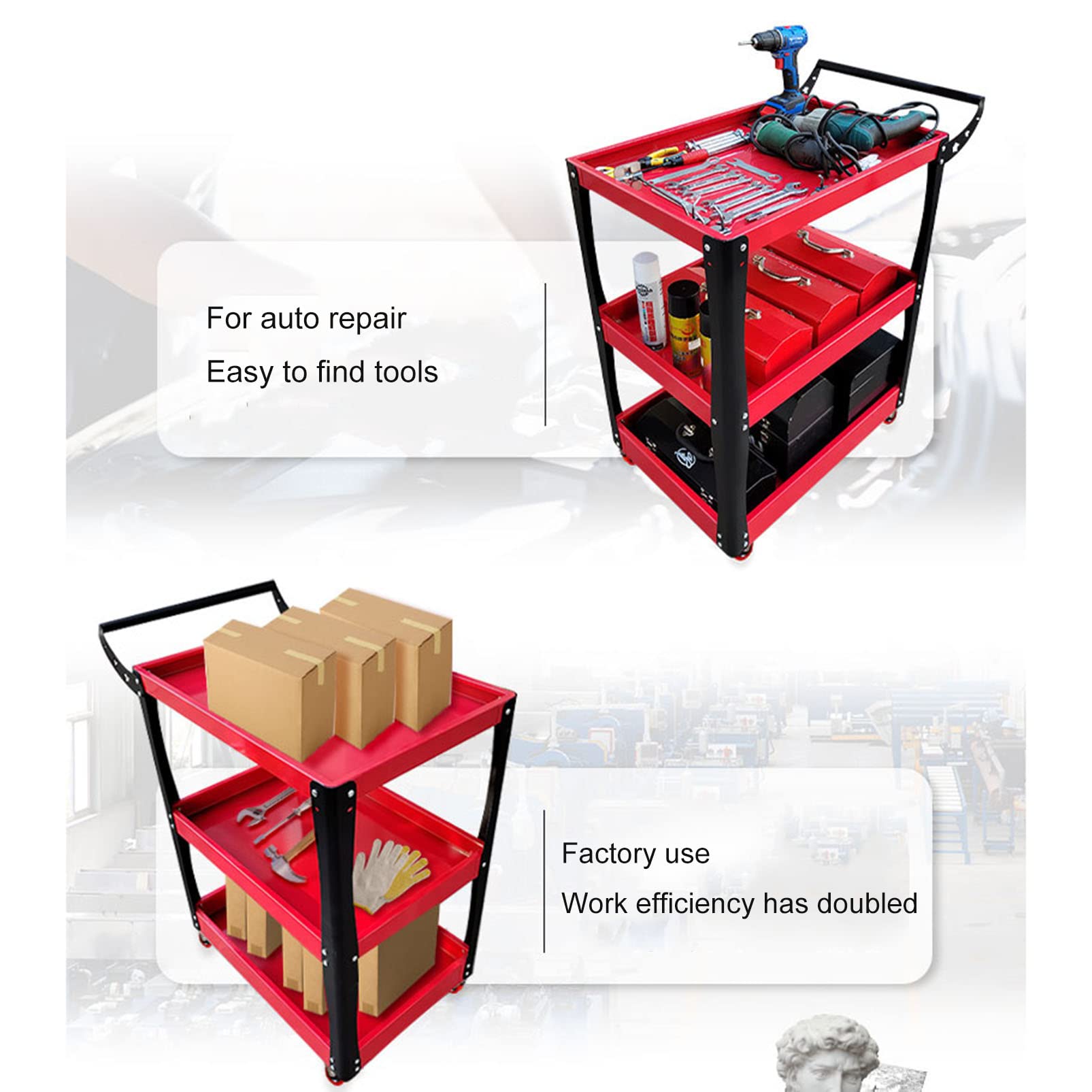 Carrello industriale a 3 livelli resistente, carrello in acciaio con ripiano per garage, officina, magazzino, stoccaggio e organizzazione