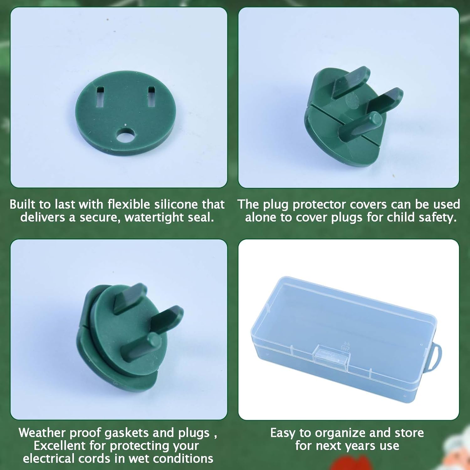 30 Sets Weatherproof Gaskets and Plug Protectors Covers, Outdoor Waterproof Outlet Plug Cover GFCI Extension Cord Connector Protector for Christmas Holiday Light Installation Stop Tripping (Green)