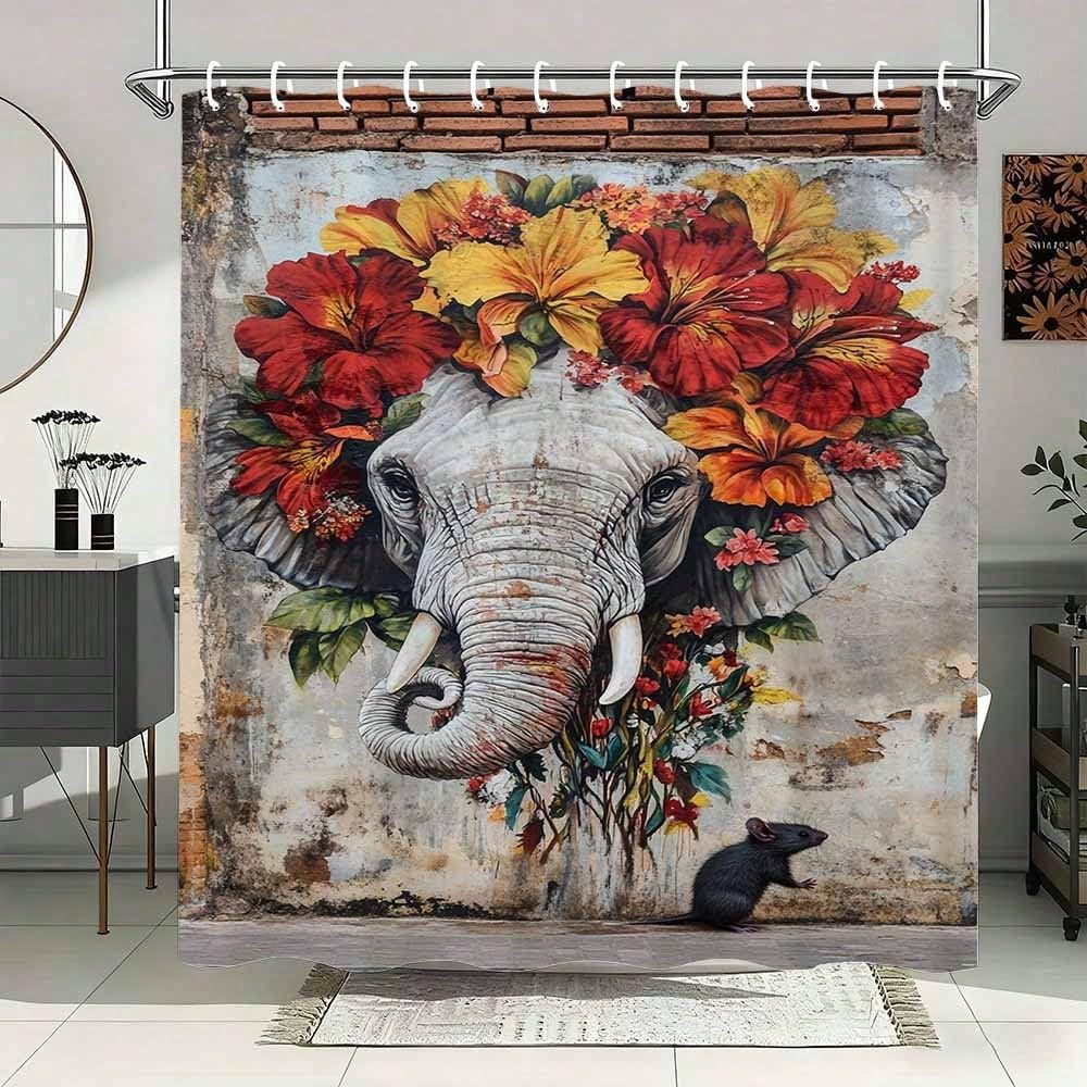 GLKSDLPO Floral Elephant Mural Shower Curtain - Artistic Elephant Head With Red/Yellow Flowers & Wall Background Print Bathroom Curtain(140x265cm/55x104in(WxH)