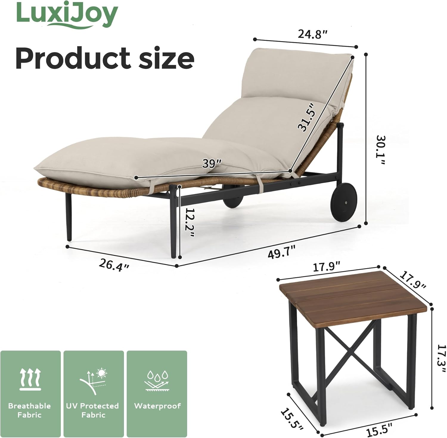 Chaise Lounge Chair Outdoor 3PCS - PE Rattan Wicker Patio Pool Lounge Chairs Set of 2 with Cushion and Wheels, Aluminum Waterproof Lounger with Wood Side Table for Poolside Backyard Porch