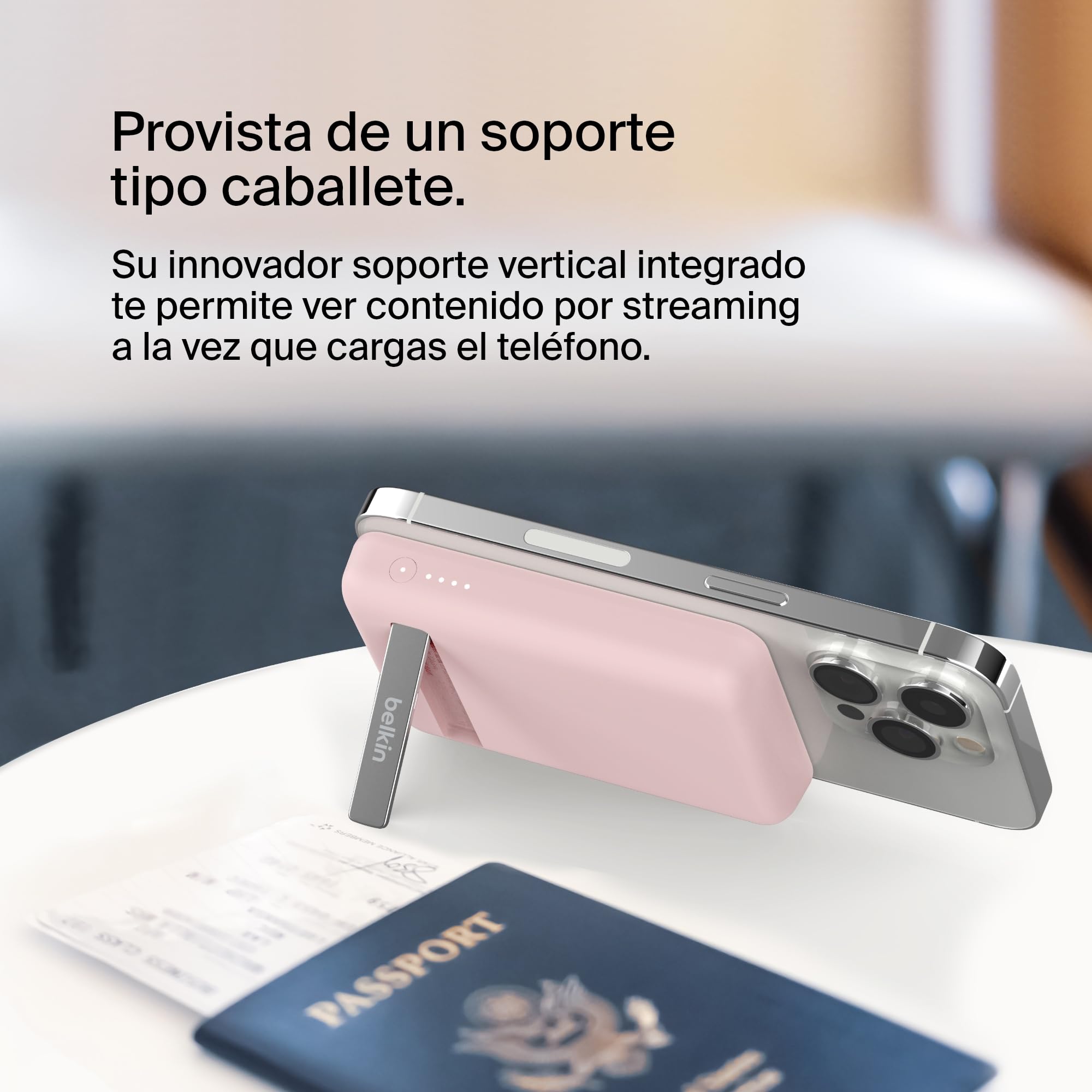 Belkin batería externa magnética de 5000 mAh, cargador portátil compatible con MagSafe, pass-through, power bank con salida de 7,5 W y entrada de 10 W, soporte extraíble, iPhone 17, 16, 15 y más, rosa