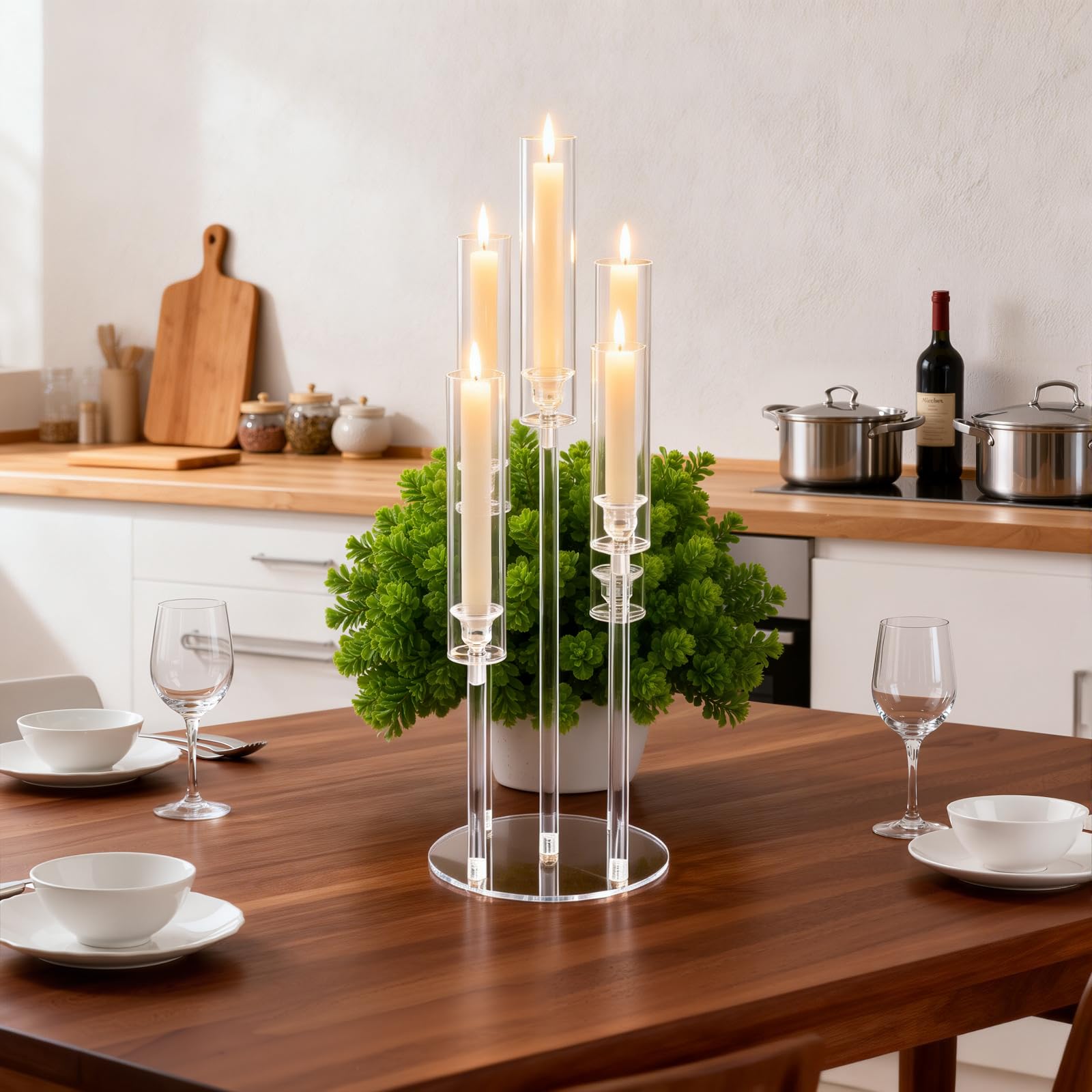 GarveeHome 5-Armiger Acryl-Kerzenständer im 5-teiligen Set – transparenter Tisch-Kerzenhalter für Hochzeitsdeko, Esstisch & Wohnzimmer, rutschfest (ohne Kerzen)