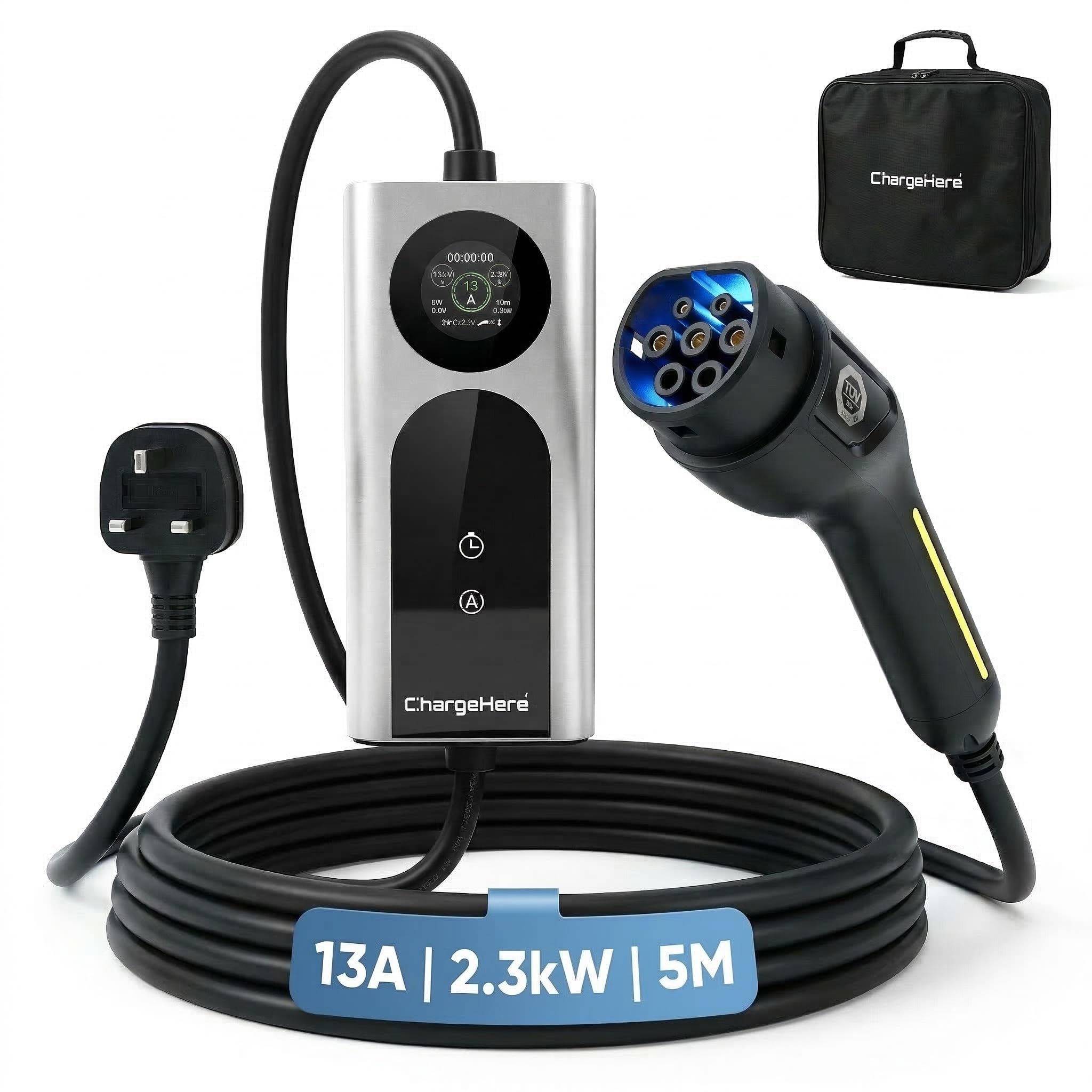 Portable EV Charger Type 2 to UK 3-Pin Plug, 3kW 13A Electric Vehicle Charging, Adjustable Current with Smart LCD Display & Delay Start, IP67 Waterproof, Compatible with Most car (5M)