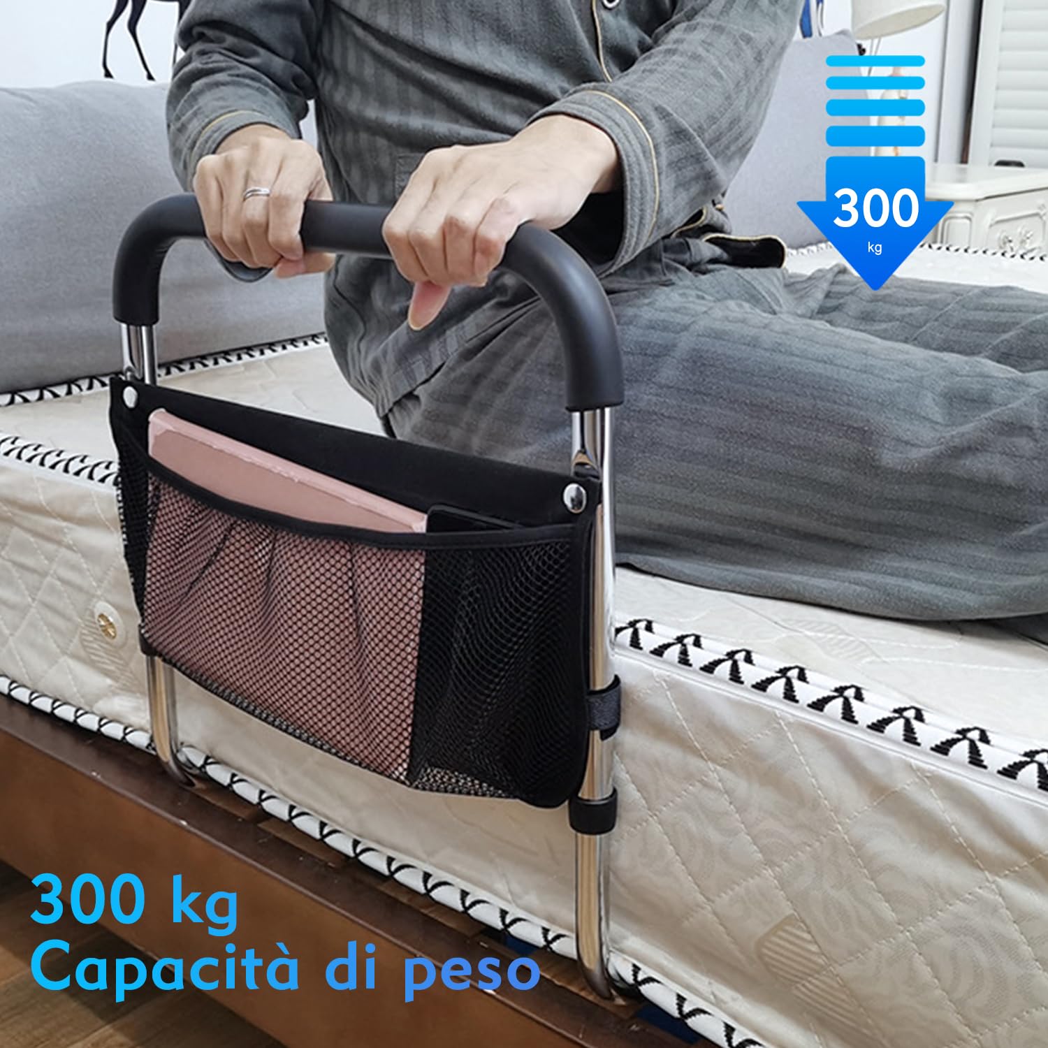 supregear Sponde Letto Anziani, Sbarra Letto Lega di Alluminio Portatile Barriera Letto Regolabili in Altezza per Anziani e Disabili Gravidanza con Stoccaggio Sacchetto e Fissaggio Cinghia
