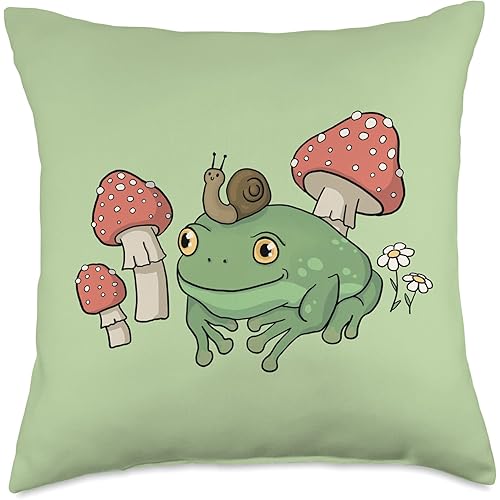 Cute Cottagecore Aesthetic Frog Snail Hat Mushroom Throw Pillow