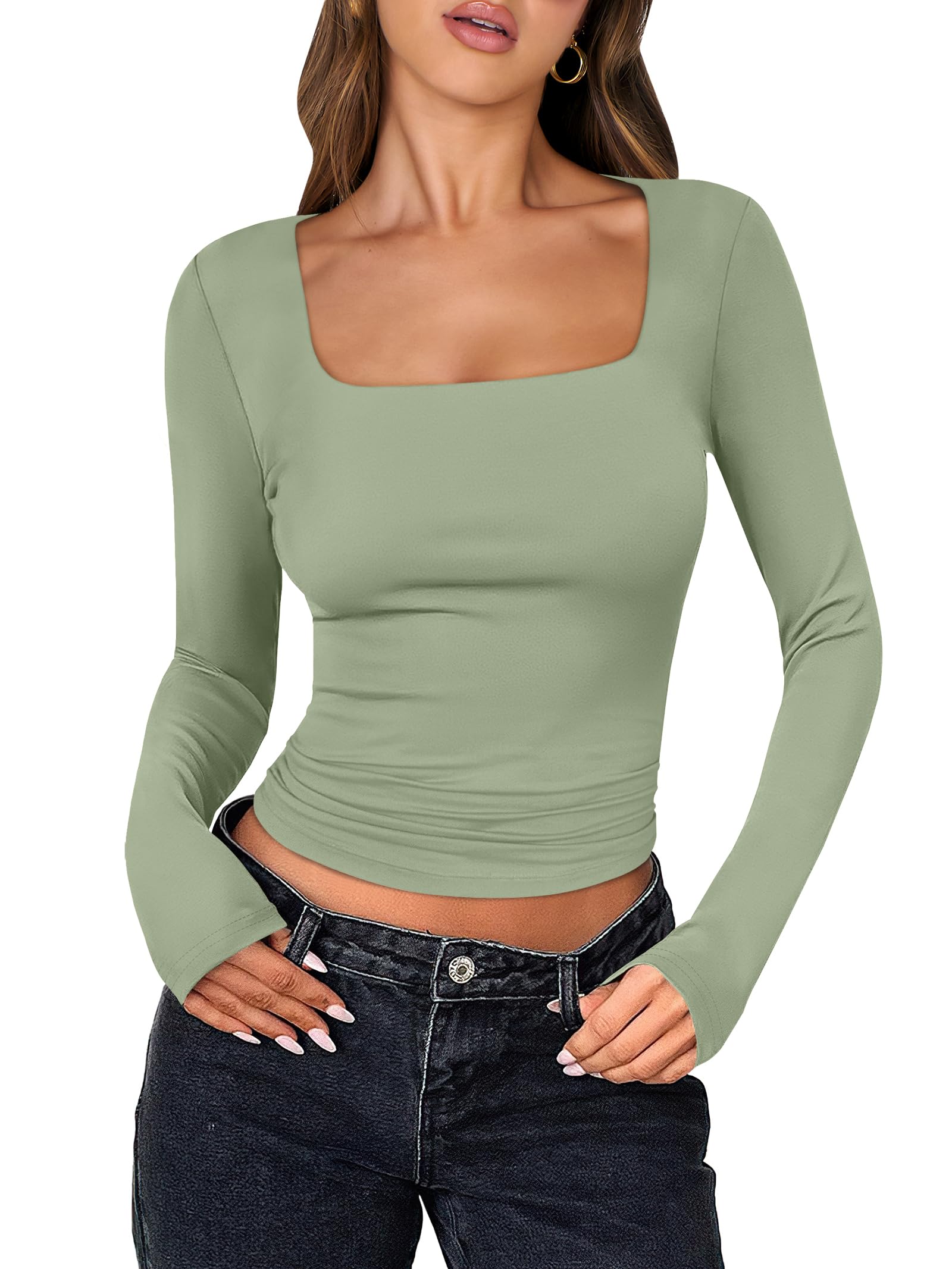 ANRABESS Long Sleeve Shirts for Women Double Lined Crop Tops