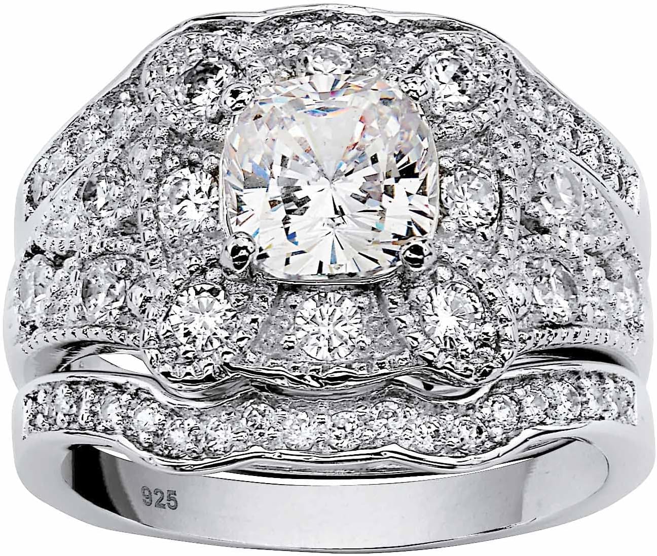 PalmBeach Platinum-plated Sterling Silver Cushion Cubic Zirconia Vintage Clover Motif Bridal Ring Set Sizes 6-10