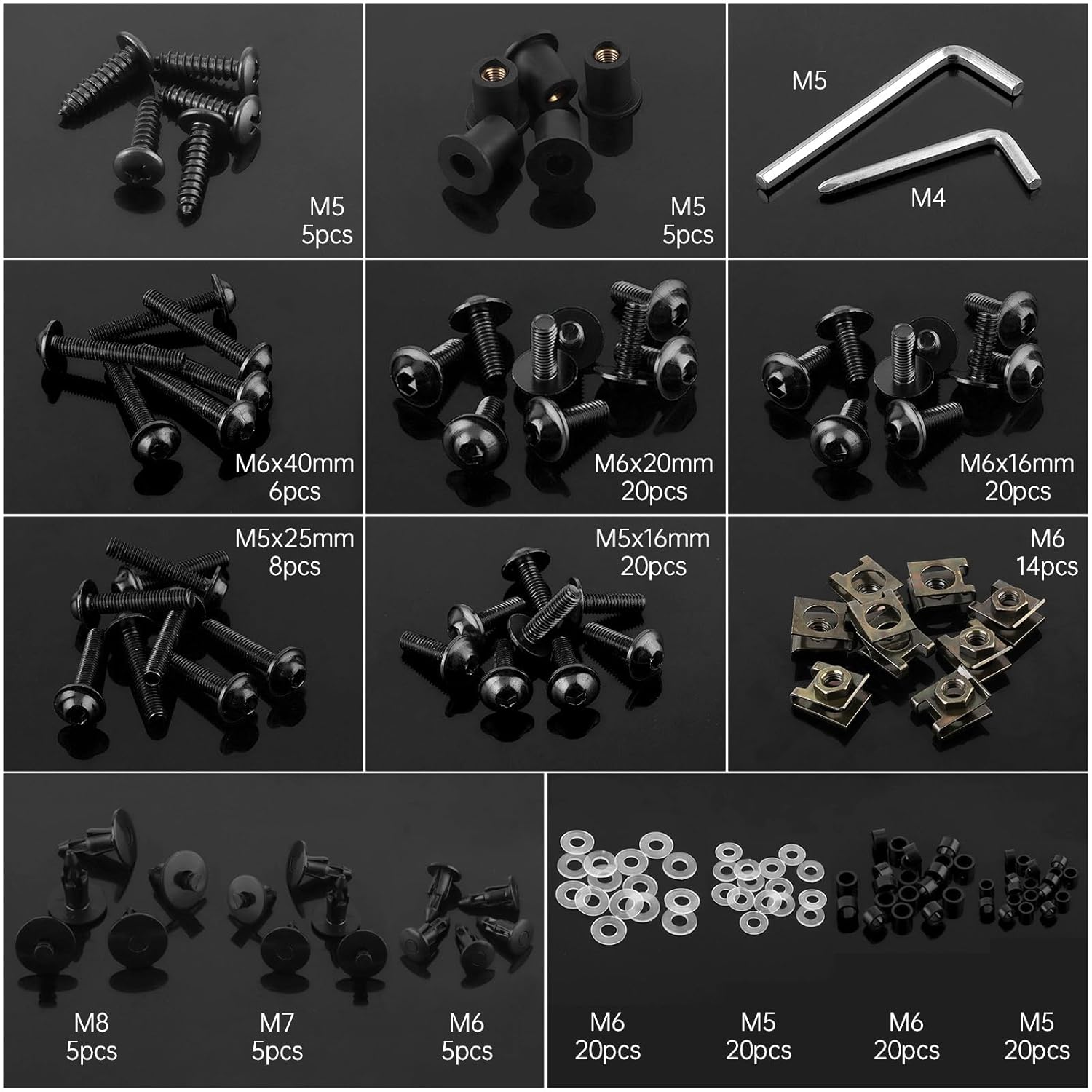 Windance 195pcs Motorcycle Fairing Bolt Kit,Stainless Steel Screws Fasteners, M5 M6 Washers Nuts Screws Clips Fairing Bolts Nut Clips Kit Fit for Yamaha Honda Kawasaki Suzuki BMW (Black)