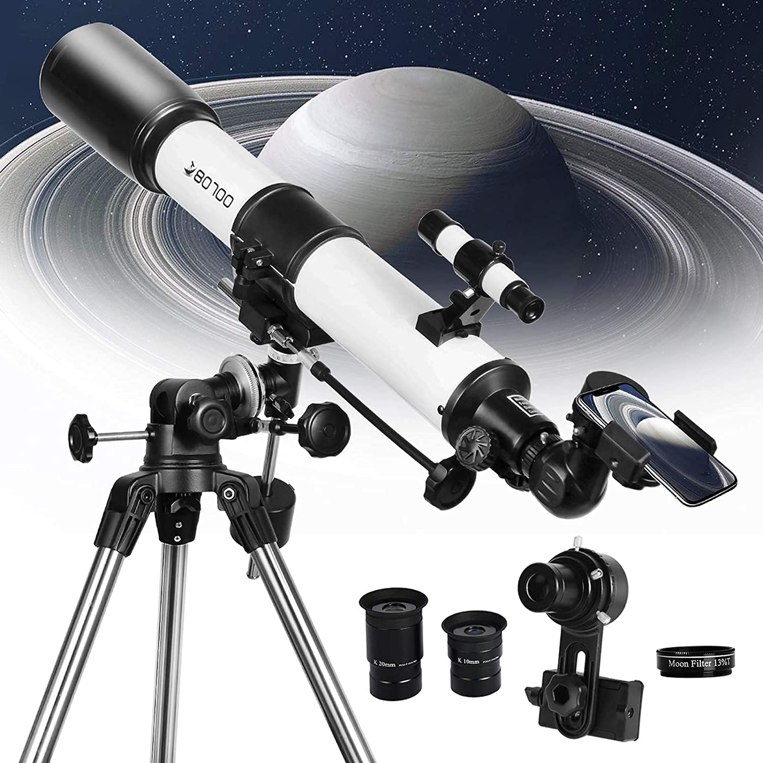 SOLOMARK Telescope, 80EQ Refractor Professional Telescope -700mm Focal Length Telescopes for Adults Astronomy, with 1.5X Barlow Lens Adapter for Photography and 13 Percent Transmission Moon Filter - 