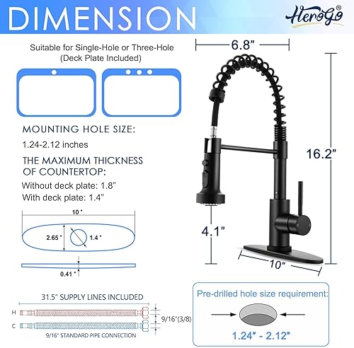 Miniatura 10 de Herogo Grifos de cocina con dispensador de jabón de níquel cepillado, acero inoxidable, grifo de resorte extraíble comercial con rociador extraíble,