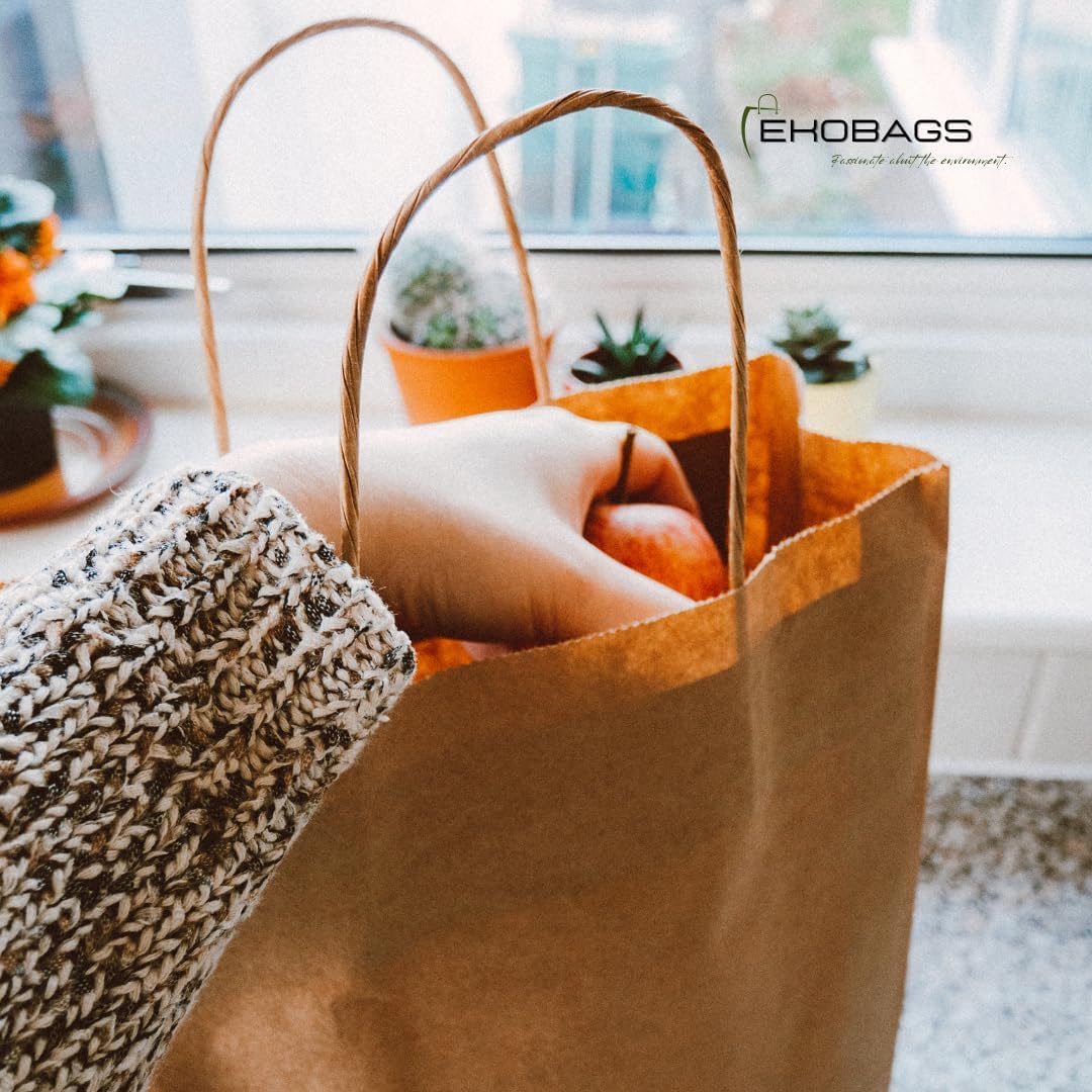 10x5x13 inches, 50-Pack Kraft Paper Gift Bags with Handles | EKOBAGS Nobelle | 115 GSM Brown Paper Bags for Small Business, Retail & Party Favors | Recyclable | Holds up to 10.5L/8 lbs