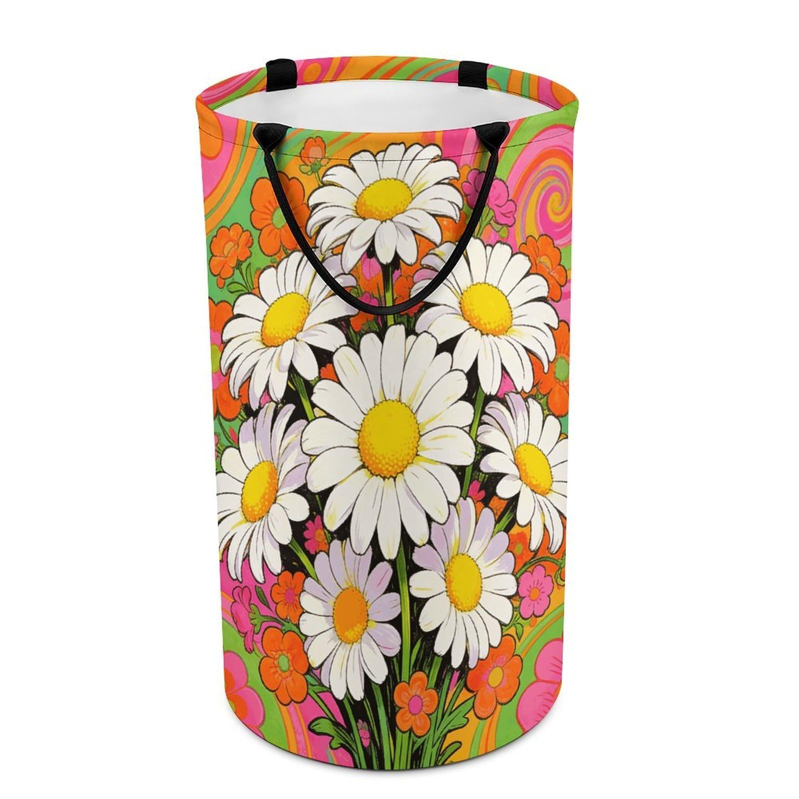Fodpand Style Neon Daisies Laundry Basket With Handle Foldable Laundry Hamper Narrow Laundry Bag For Bedroom, Bathroom, Laundry Room 15.7X27.2 In