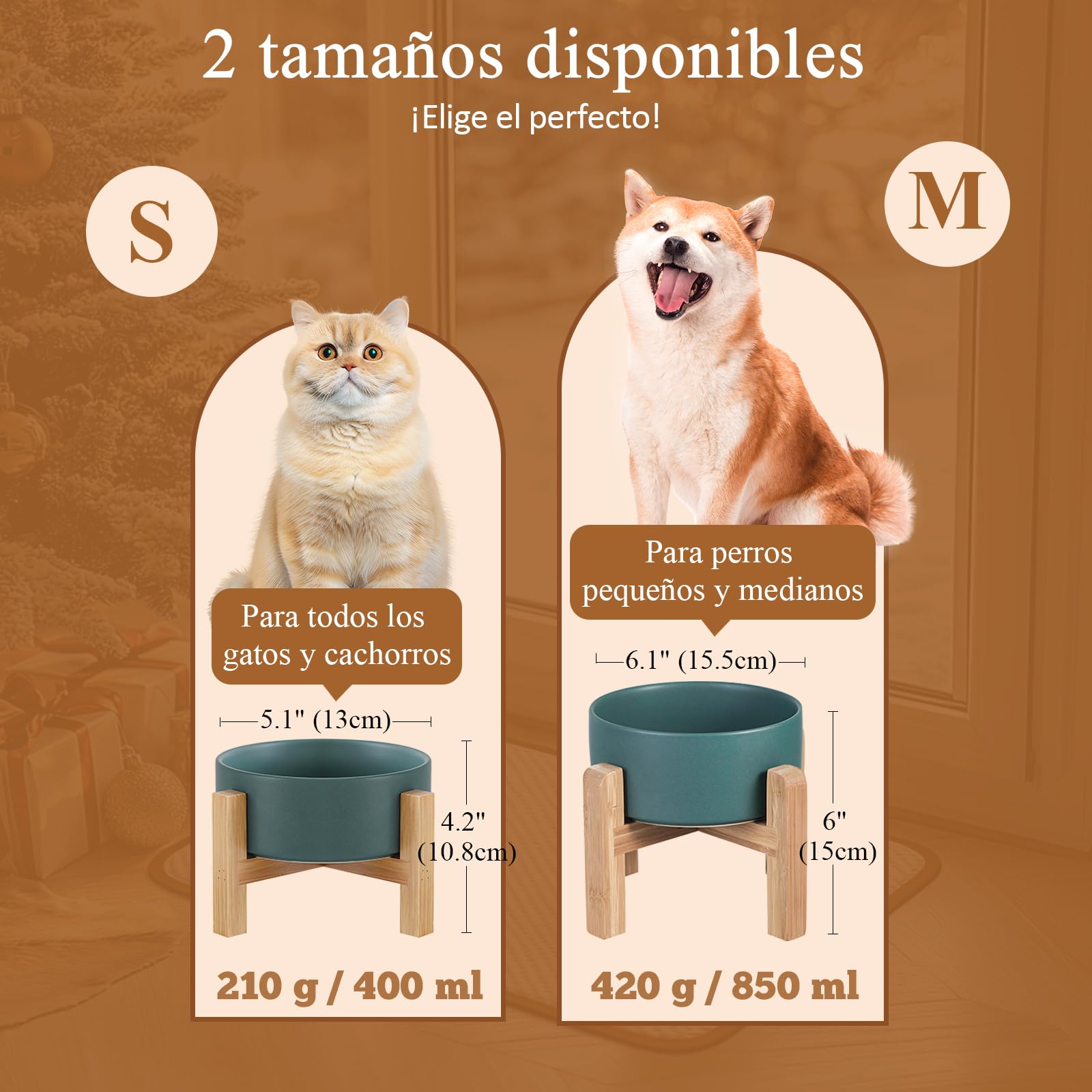 Blanca Ceramica Comedero Elevado Perro y Comedero Gato - 850 ml - En un Elegante Soporte de bambú - También Adecuado para Perros Grandes/Grandes felinos