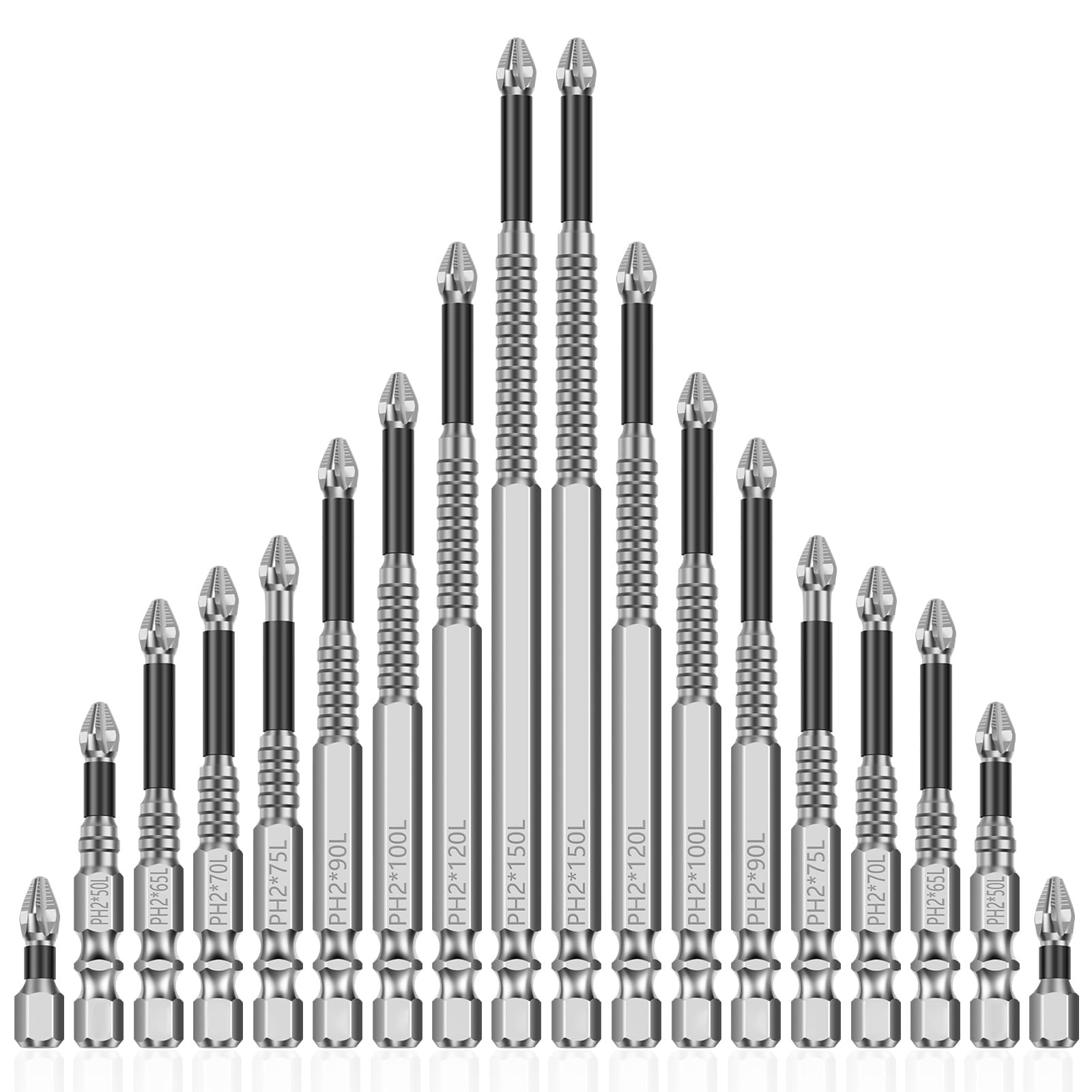 High Magnetic Screwdriver Drill Bit Set Magnetize Screw Bits Anti-Slip Impact Bits for Precision Drilling and Fastening 25-150mm ﻿(18 Pcs)