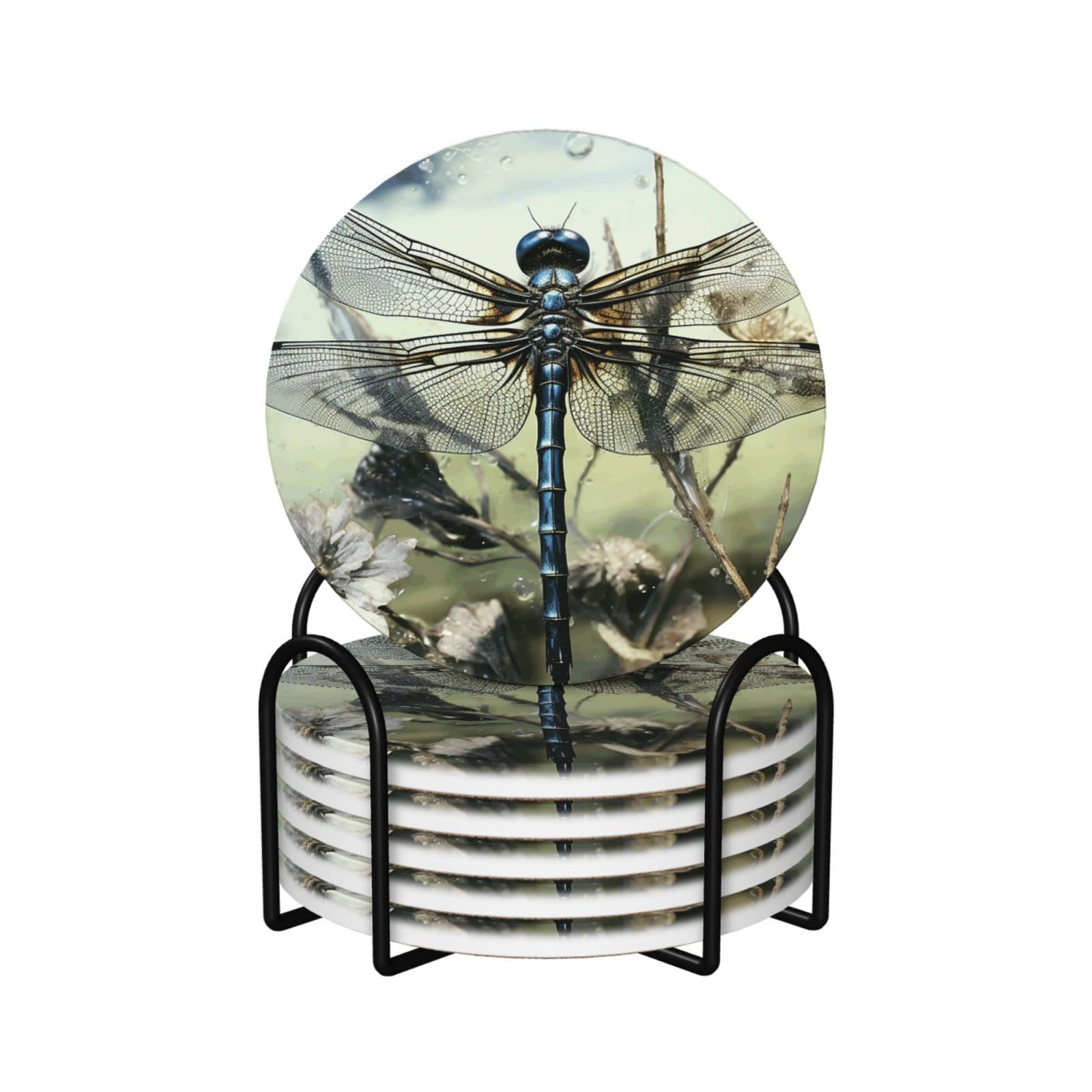 Dessous de verre en céramique lot de 6 avec support absorbant, motif libellule moderne