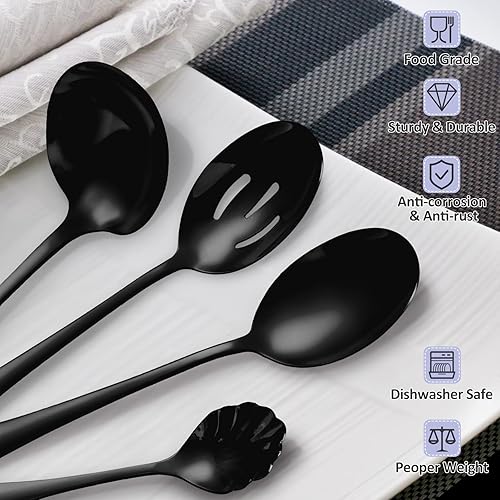 Miniatura 4 de 12 utensilios negros para servir, de acero inoxidable, finos y vintage, con cucharas de servir, mezcla de cocina para servidor de pasteles, cucharón