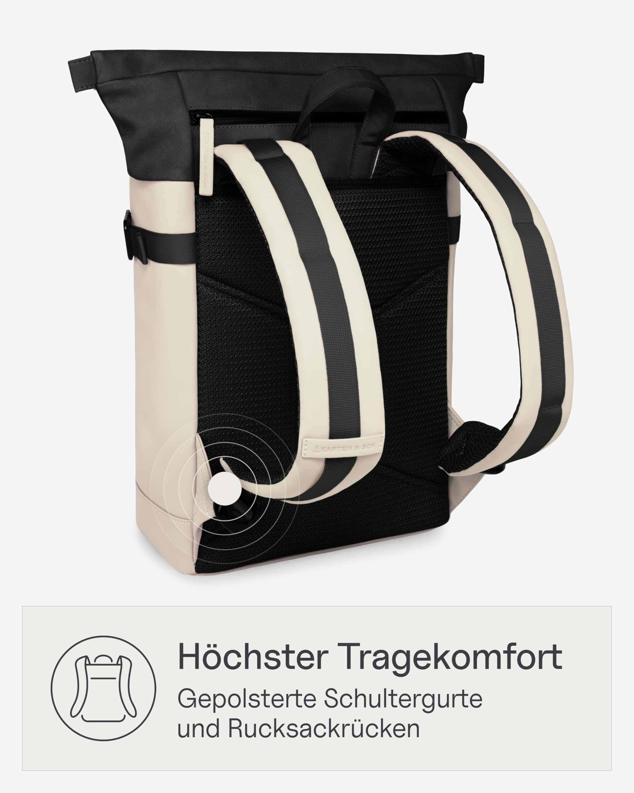 Kapten & Son Rucksack Aarhus Cream Black 14 L | Rucksack Damen & Herren Schwarz-Beige | Rolltop mit 14" Laptopfach | Backpack ideal für Reisen, City, Uni, Arbeit | wasserabweisend