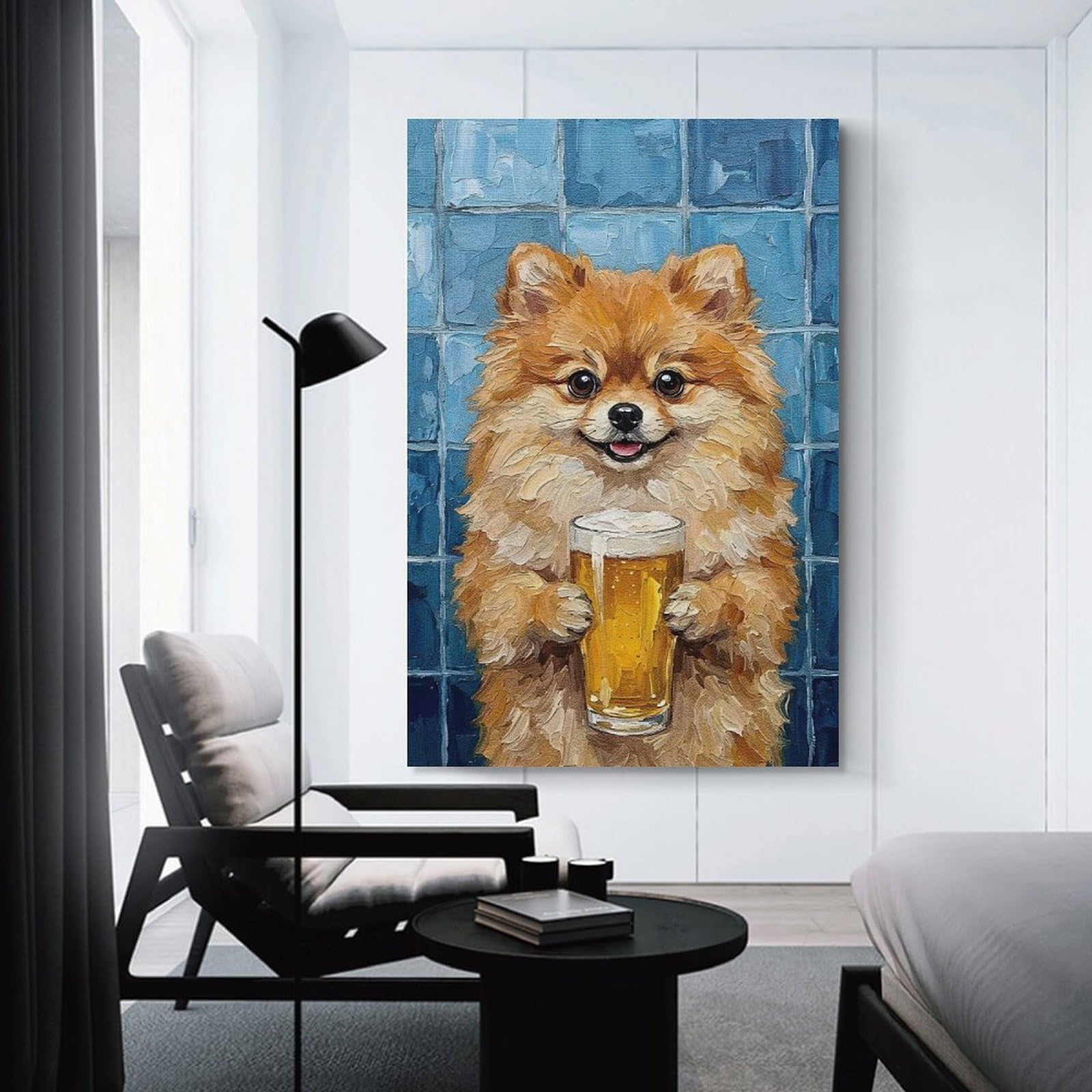 Junmoney Pomeranian Dog with Beer Painting Canvas Art Print 24x36inch(60x90cm), for Work Areas, Reading Rooms Or Studios, Canvas Wall Decor for Creative Rooms