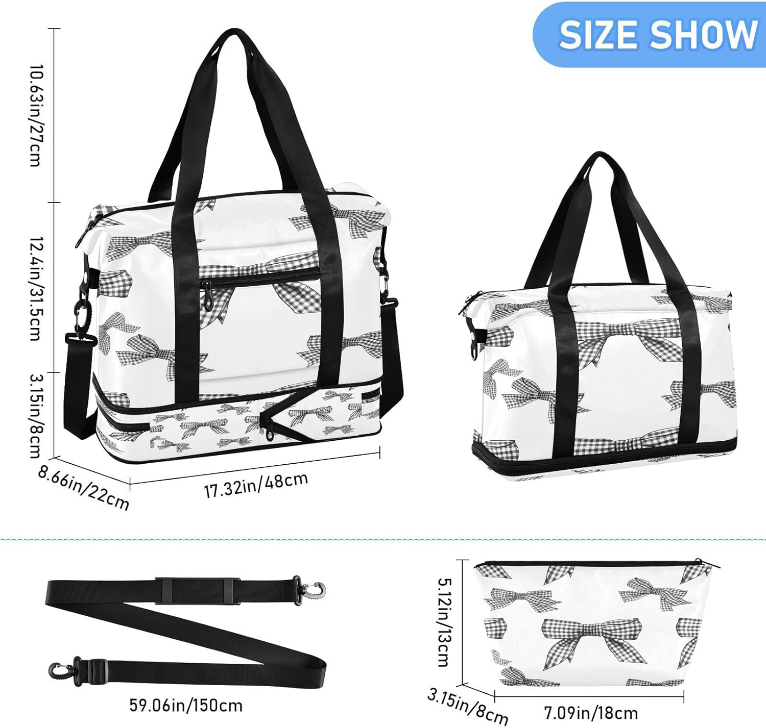 STAYTOP Black and White Gingham Bows Gym Bag for Women & Men,Waterproof Sports Travel Duffel Bag, Weekender Overnight Bag with Wet Pocket for Travel, Gym, Yoga,Swimming